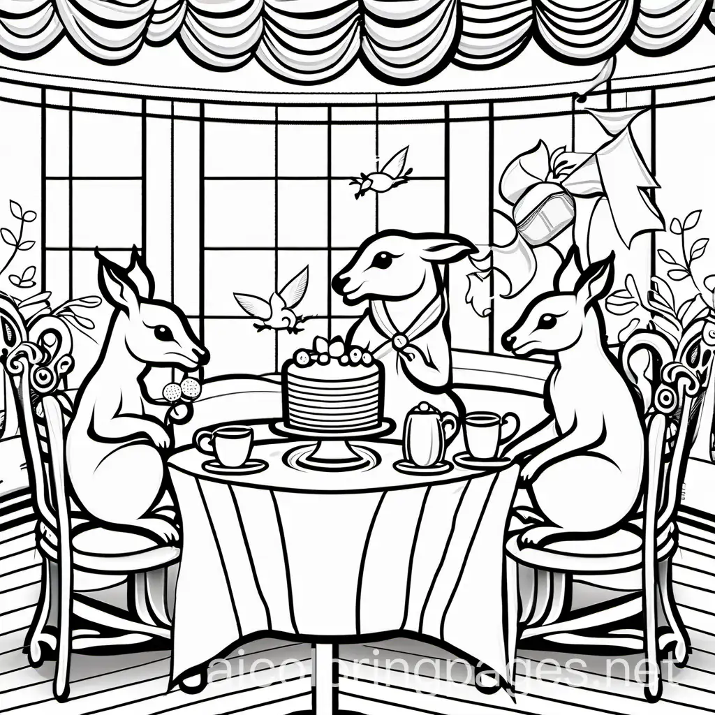 Kangaroos at a tea party, Coloring Page, black and white, line art, white background, Simplicity, Ample White Space. The background of the coloring page is plain white to make it easy for young children to color within the lines. The outlines of all the subjects are easy to distinguish, making it simple for kids to color without too much difficulty