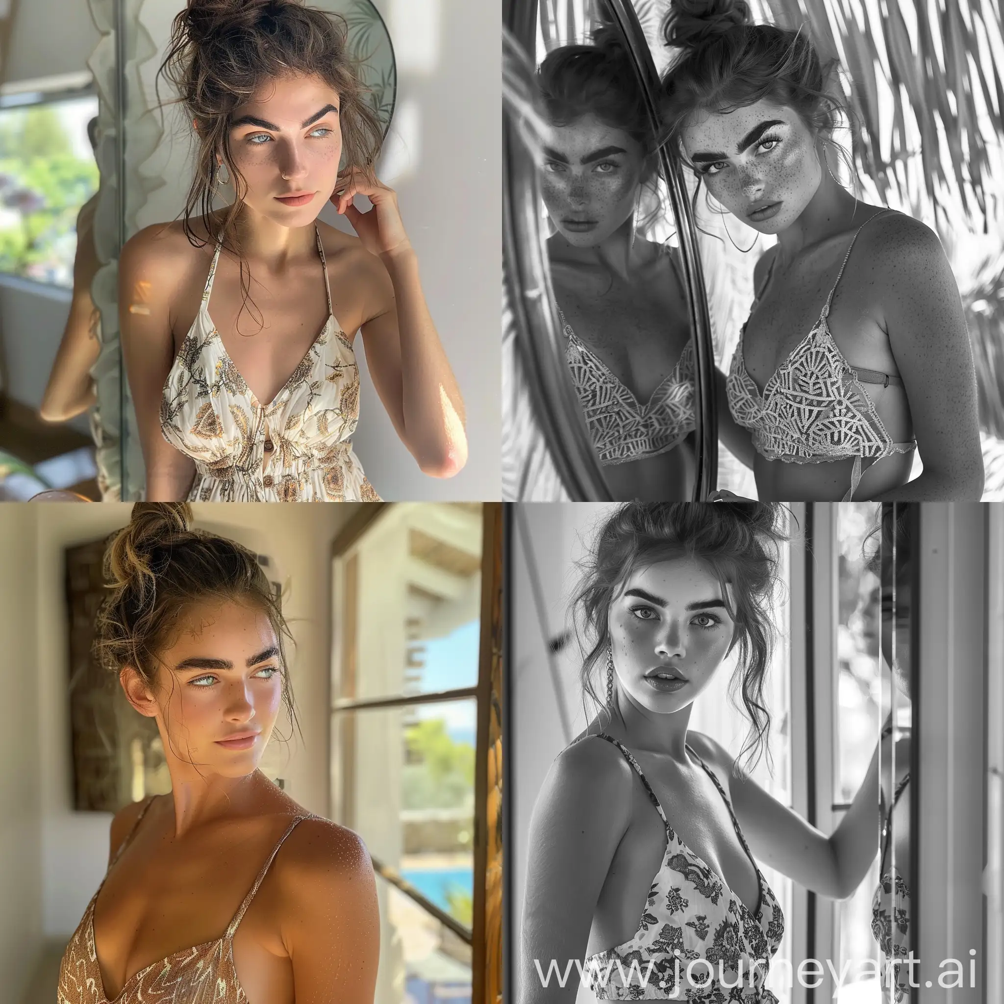 Photo: Female Super model, 18 years old, in sun dress and wedges, looking in mirror, gorgeous, bushy eyebrows, hair in messy bun -- v6 --