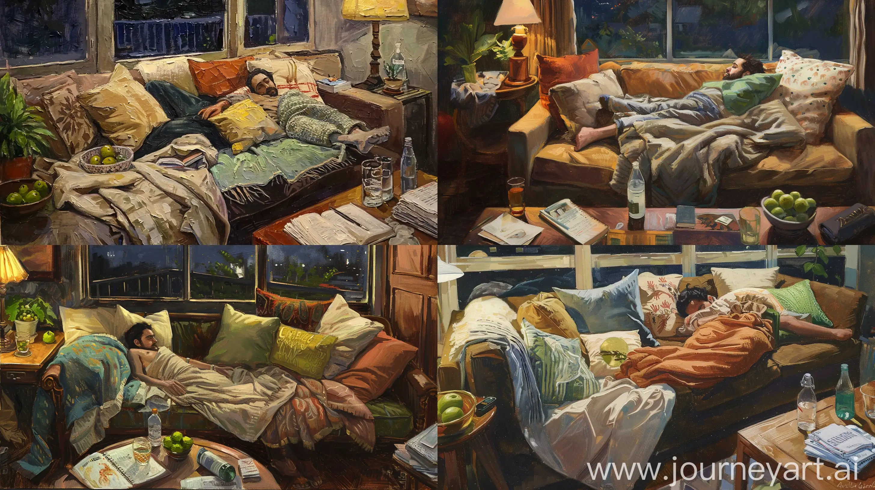 textured oil painting of an indoor scene with a person lying on a couch, The scene should include a cozy room with various pillows and a blanket on the couch, a window showing an outdoor view, a side table with a glass of water, a bottle, and papers or a book. Add a bowl of green fruit and a potted plant for a natural touch. Use an warm earthy color palette and aim for a textured painting style. the scene is in nighttime --iw 2.0 --ar 16:9