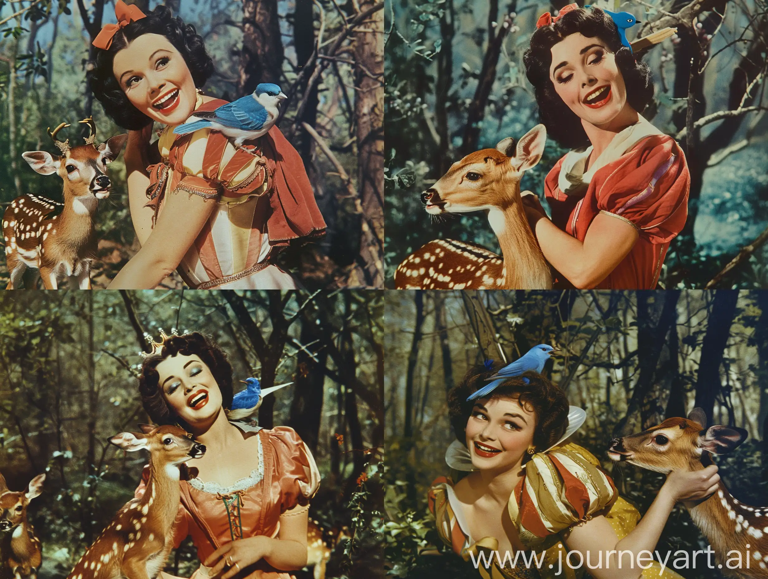 A happy Elizabeth Taylor as Snow White, singing and dancing in the forest, a blue sparrow perched on her shoulder and a baby deer standing next to her. 1950s Super Panavision 70, color picture, vintage quality