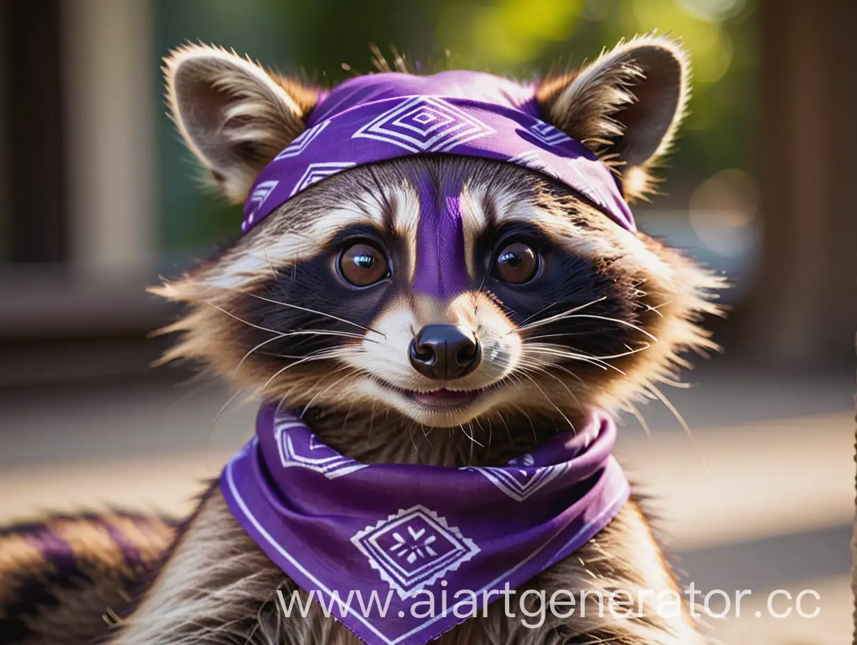 The cunning raccoon, purple bandana on neck, smiling face