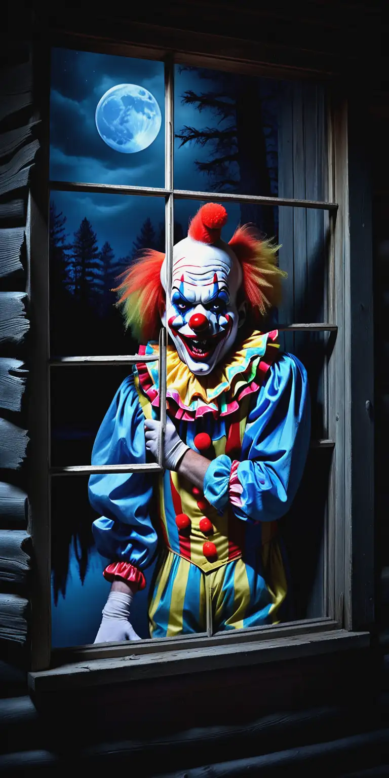 scary clown in cabin window,  Dark night, blue moon, woods, lake