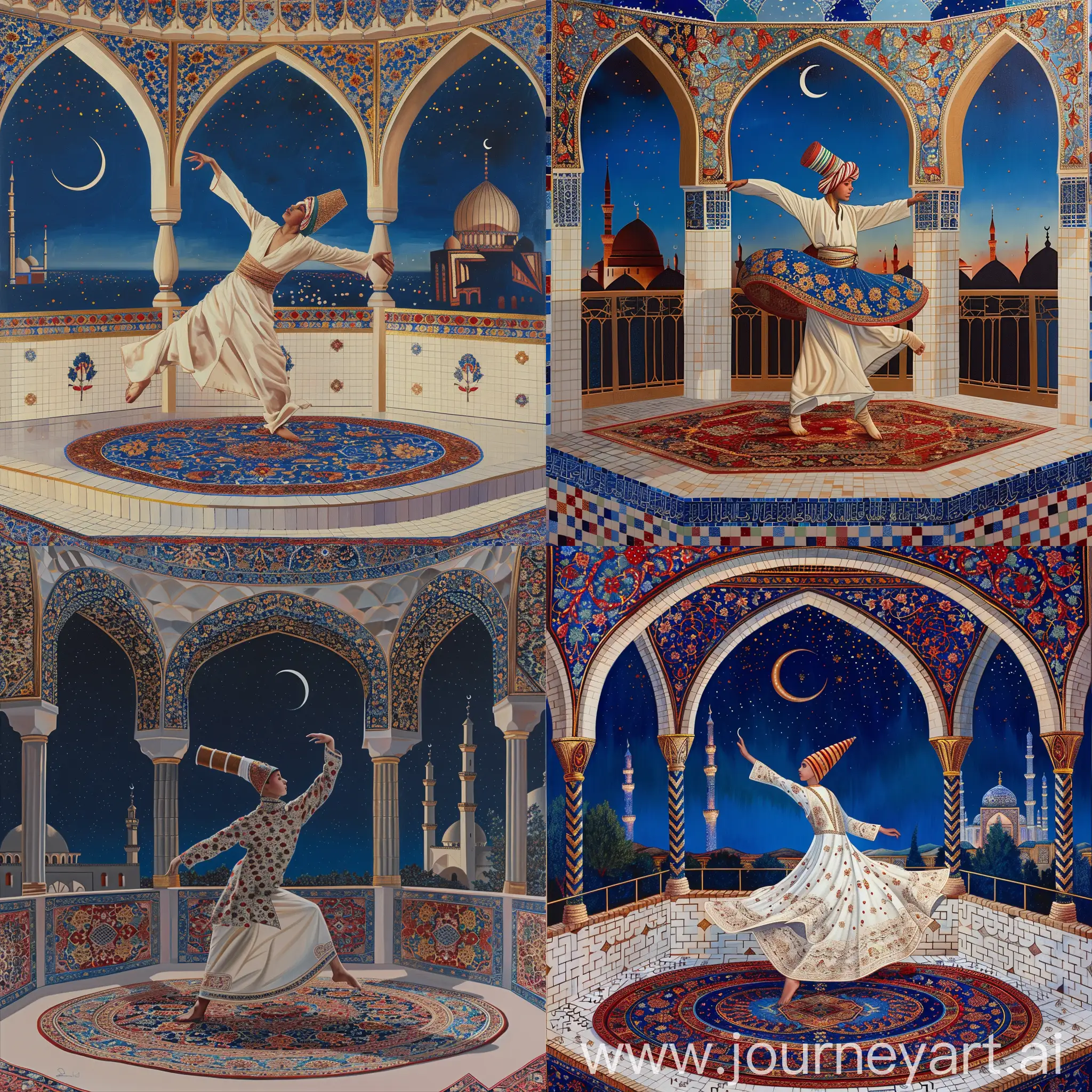 A young British dervish wearing cylindrical fez cap performing sufi whirling sema dance on a persian carpet, inside an octagonal balcony having three arches decorated with red blue gold persian floral motifs, serene night sky with a crescent, view of Persian tiled mosque, White blue red golden composition --sref https://cdn.discordapp.com/attachments/1213041174428782623/1246562622023667812/IMG_20240326_220808.png?ex=665d8029&is=665c2ea9&hm=81116a923e48e05e6dec61f955e335f3545c7d1b684e25425125fecf09b3a8e1& --sw 999 --style raw --q 1 --s 999 --ar 2:3