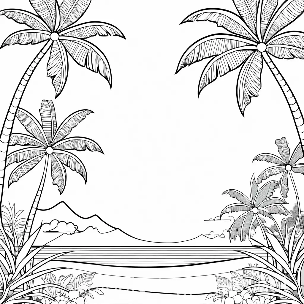 Tropical beaches, Coloring Page, black and white, line art, white background, Simplicity, Ample White Space. The background of the coloring page is plain white to make it easy for young children to color within the lines. The outlines of all the subjects are easy to distinguish, making it simple for kids to color without too much difficulty.