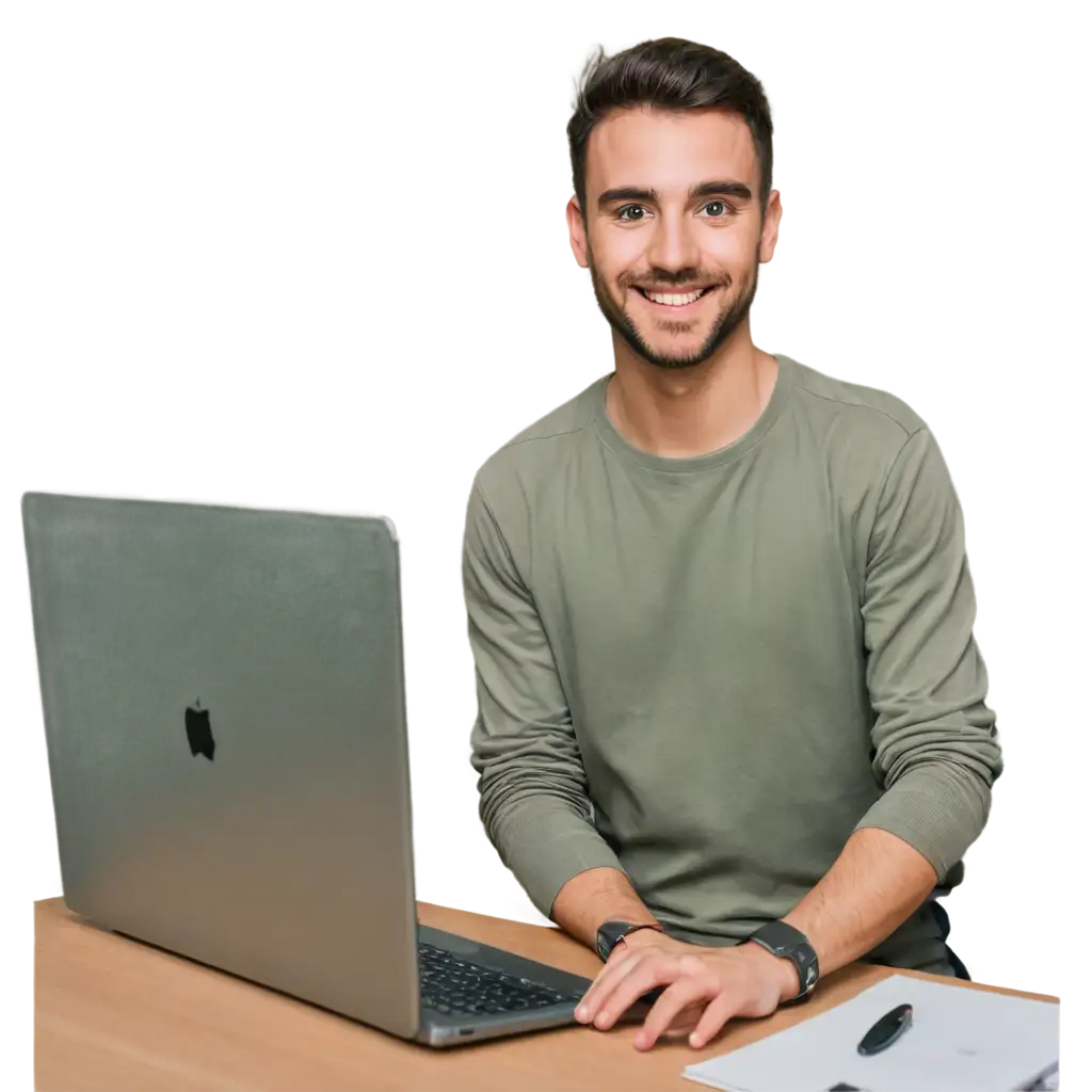 A web designer smiling sweetly from in front of a computer