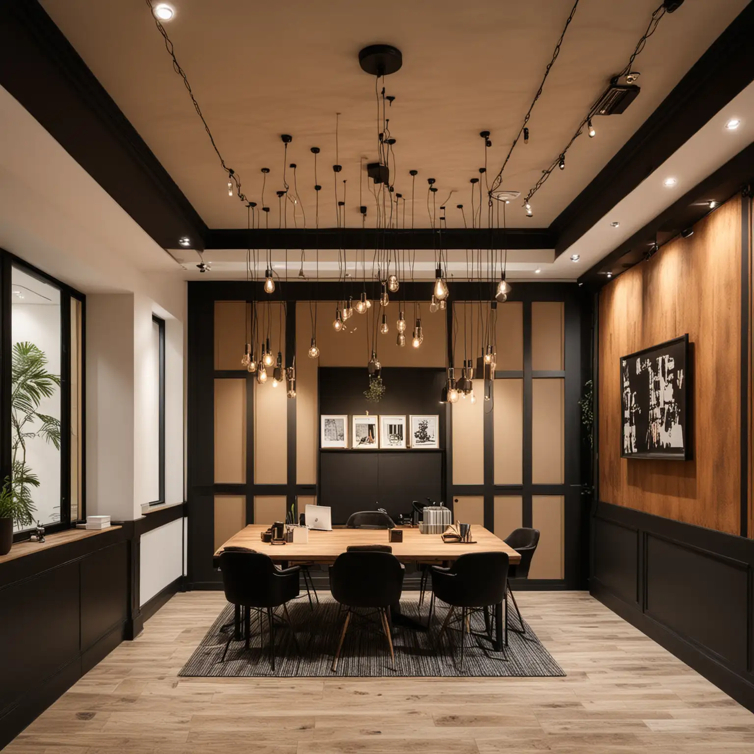 Interior designed commercial offices design in a traditional contemporary style with a modern twist. Make the space feel warm and inviting with a mixed colour pallets of browns and black warm colours and patterns and pendant lighting