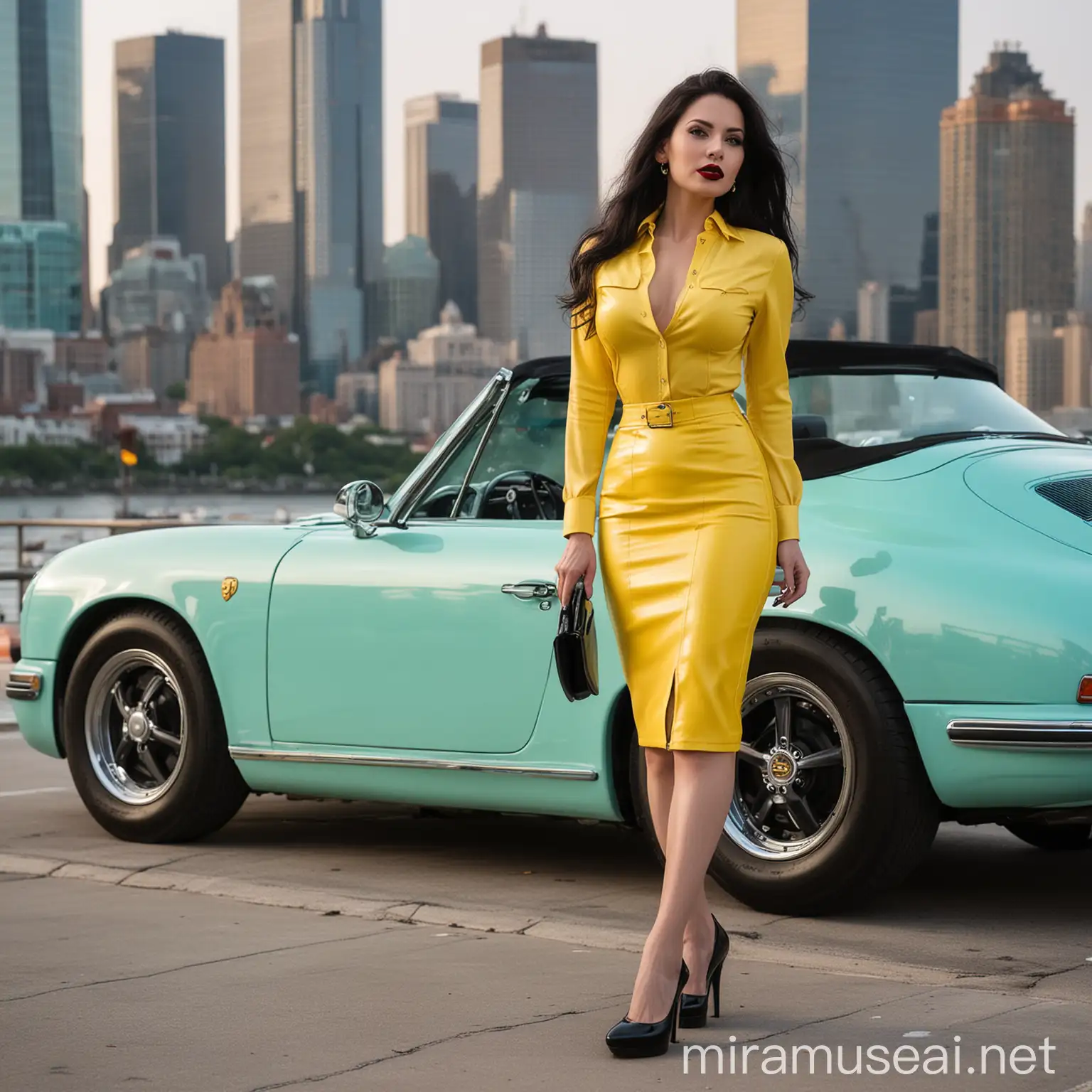 40 year old, long tight bodycon bright yellow color leather pencil skirt, aqua color button front blouse,  long black wavy hair,  black lipstick, aqua color 7 inch high heel , city skyline, pouty lips, standing next to, 1955 porsche speedster color black