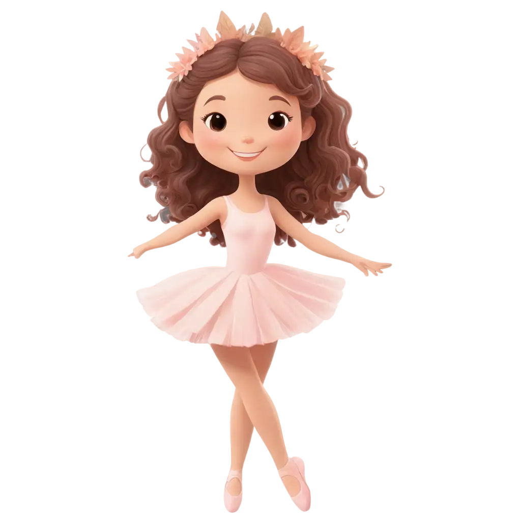 Ballerina little girl cartoon in pastel pink color with curly long hair smiling face surrounded by autumn flowers