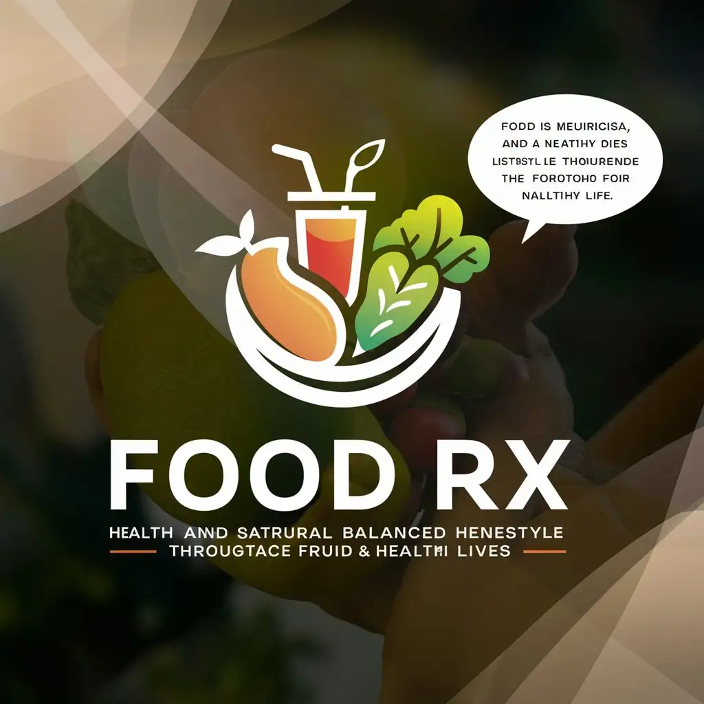 a logo design,with the text "FOOD RX", main symbol:ABOUT HEALTH BENEFITS FROM FRUITS, DRINK, VEGETABLE . VIDEO ABOUT healthy and balanced lifestyle through food, nutrition, and natural remedies.  food is medicine and that a healthy diet is the foundation for a healthy life.,complex,clear background