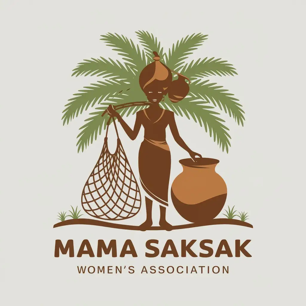 a logo design,with the text 'Mama Saksak women's Association', main symbol: Design a logo with text 'Mama Saksak Women's Association' featuring a woman carrying a net string bag on her head, symbolizing resourcefulness, community, and sustainability. She stands in front of a sago palm tree, holding a clay pot, representing tradition, nourishment, and cultural heritage. Earthy tones convey a sense of connection to nature and community against a white background.