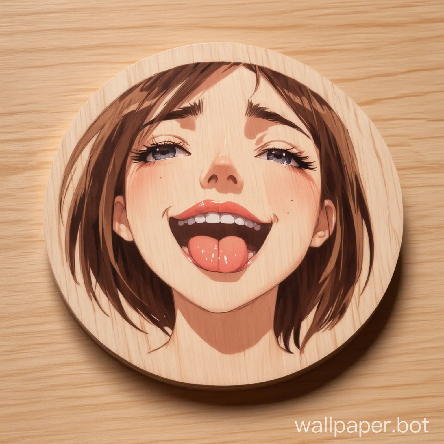 round plywood coaster, nsfw, anime sweaty and very shy woman showing small tongue, eyes half closed
