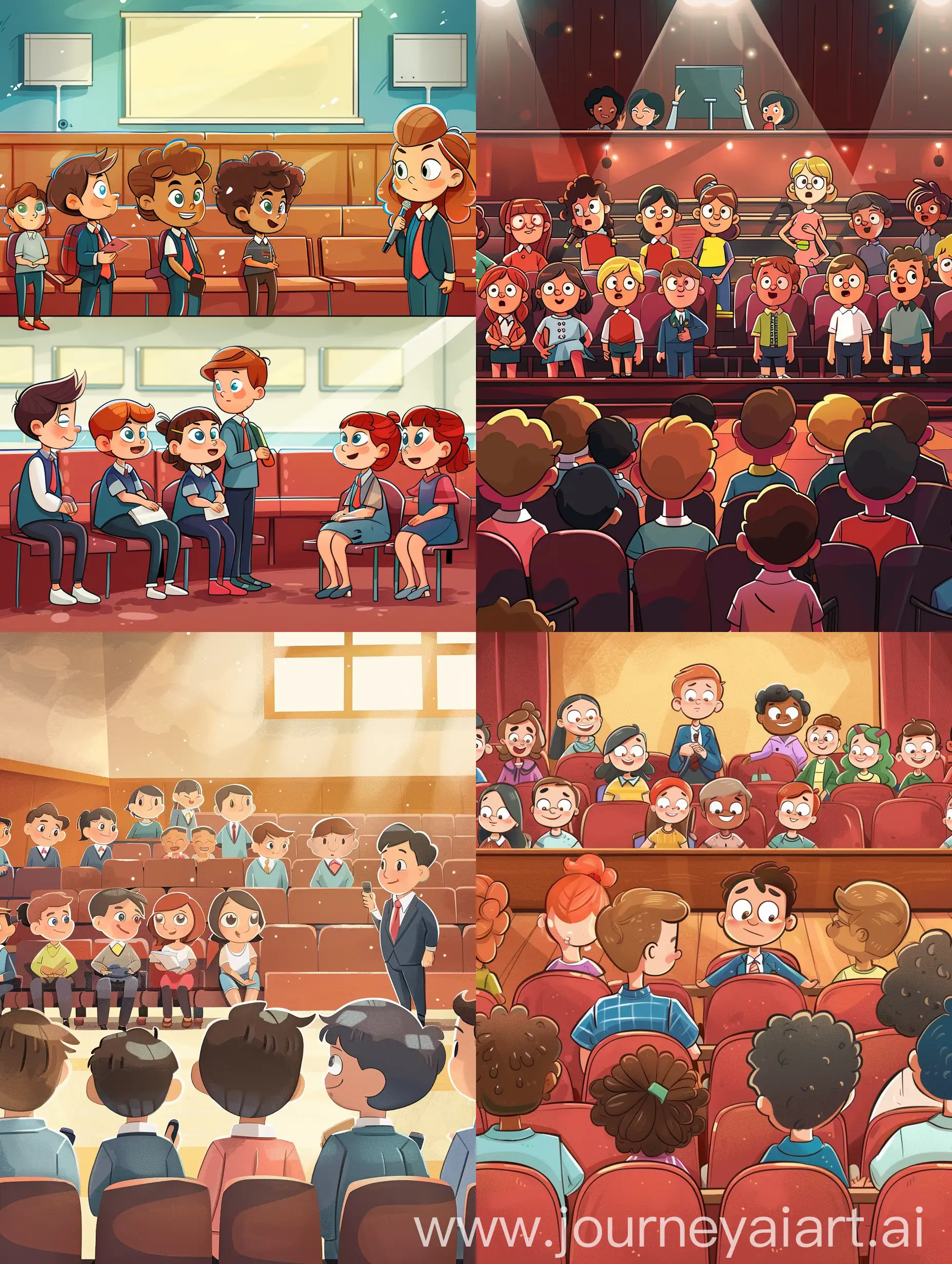 Cartoon style, pixar style, cute, fresh, smile, fun, colorfull, A school assembly with children gathered in the auditorium, listening to a guest speaker.