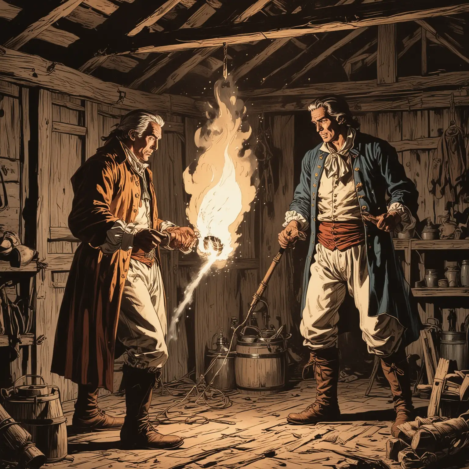 two men dressed in 18th century clothes in barn with small torch starting fire inked comicbook art john buscema style
