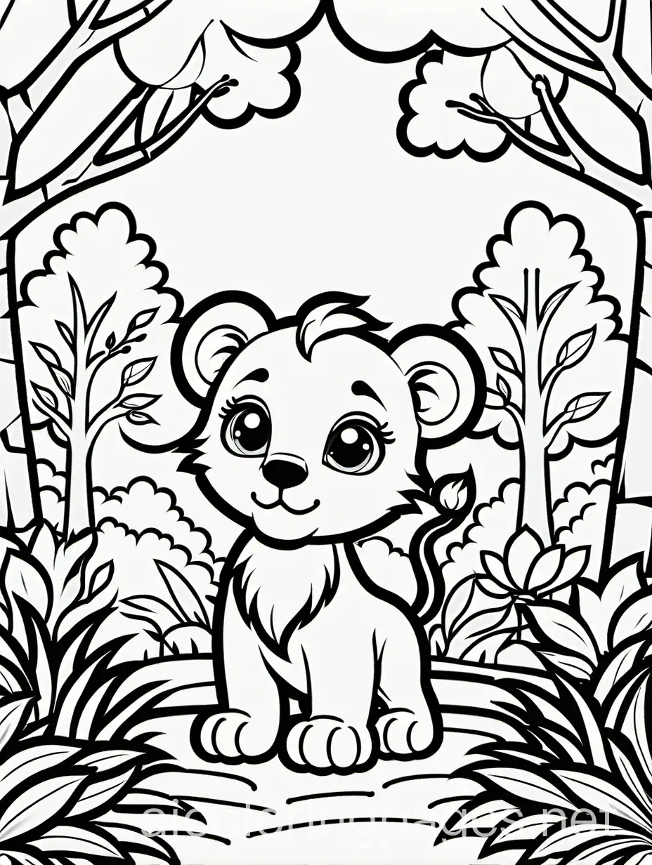 Cute baby lionn facing front in a forest,colouring book page,simple line art,ample white space, Coloring Page, black and white, line art, white background, Simplicity, Ample White Space. The background of the coloring page is plain white to make it easy for young children to color within the lines. The outlines of all the subjects are easy to distinguish, making it simple for kids to color without too much difficulty