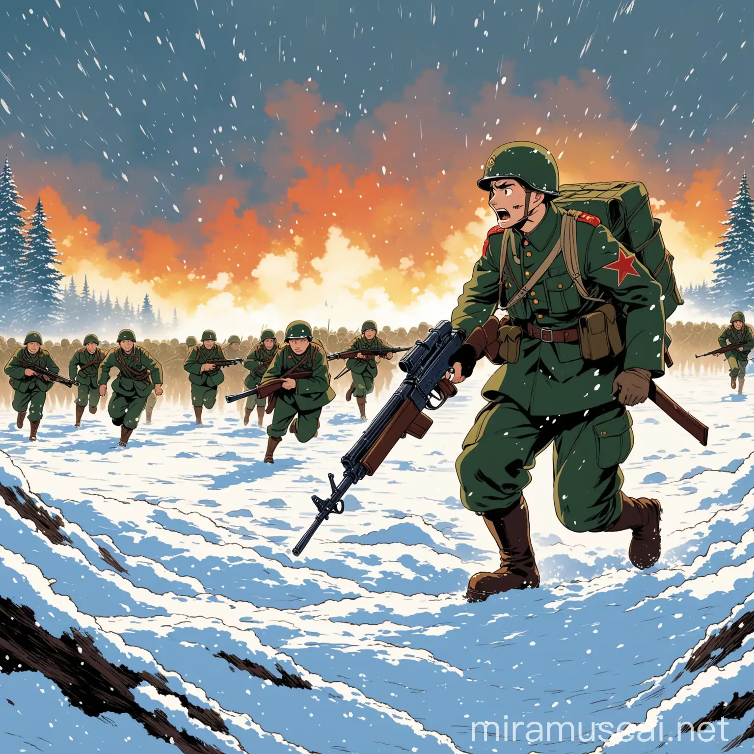 Anime Soldier Charges Through SnowCovered Battlefield in WWII Soviet Armor