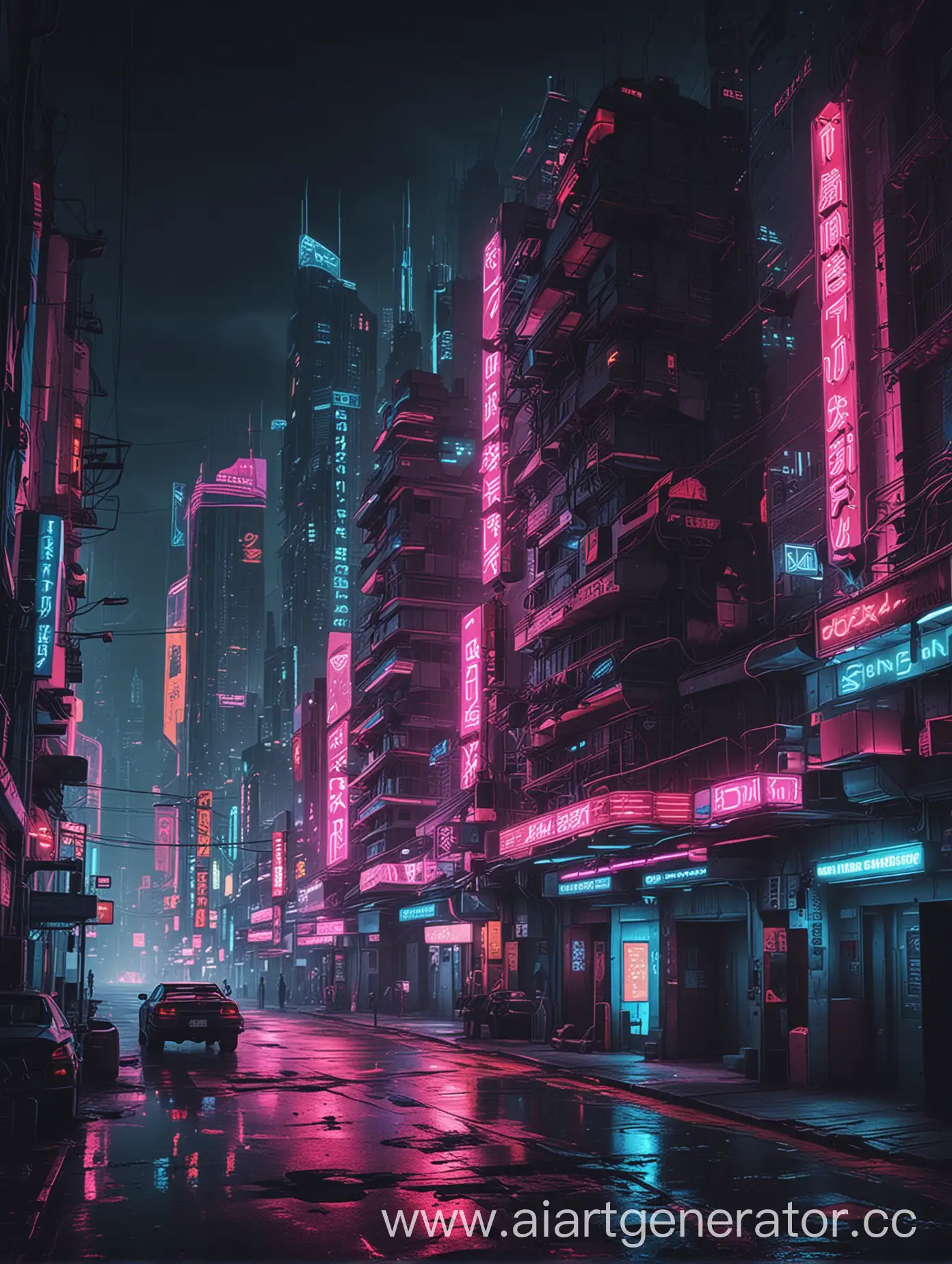 Neon-City-in-Cyberpunk-Style-Futuristic-Urban-Landscape-with-Glowing-Lights