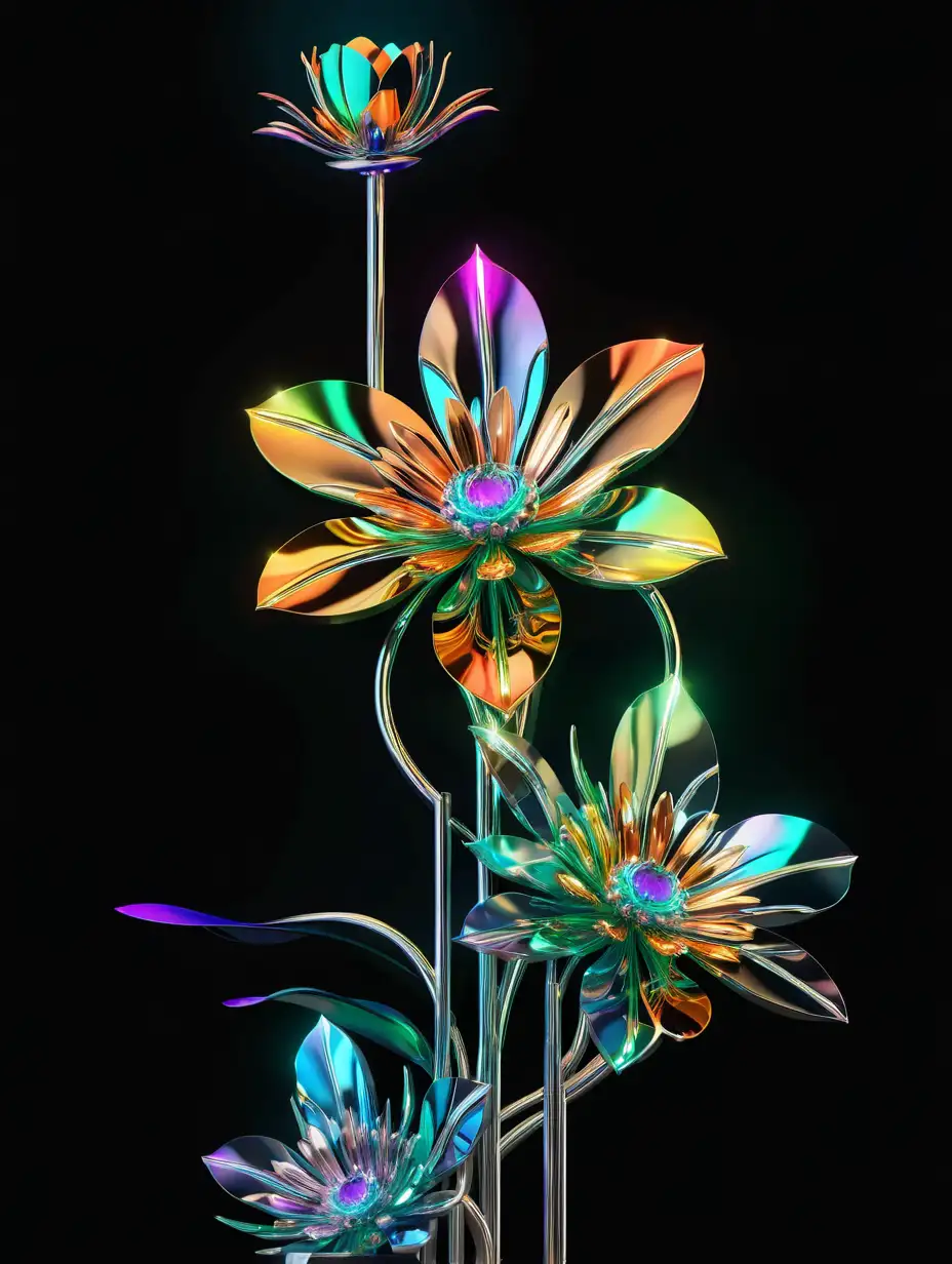 Futuristic Metallic Flowers with Neon Accents on Misty Gradient Background