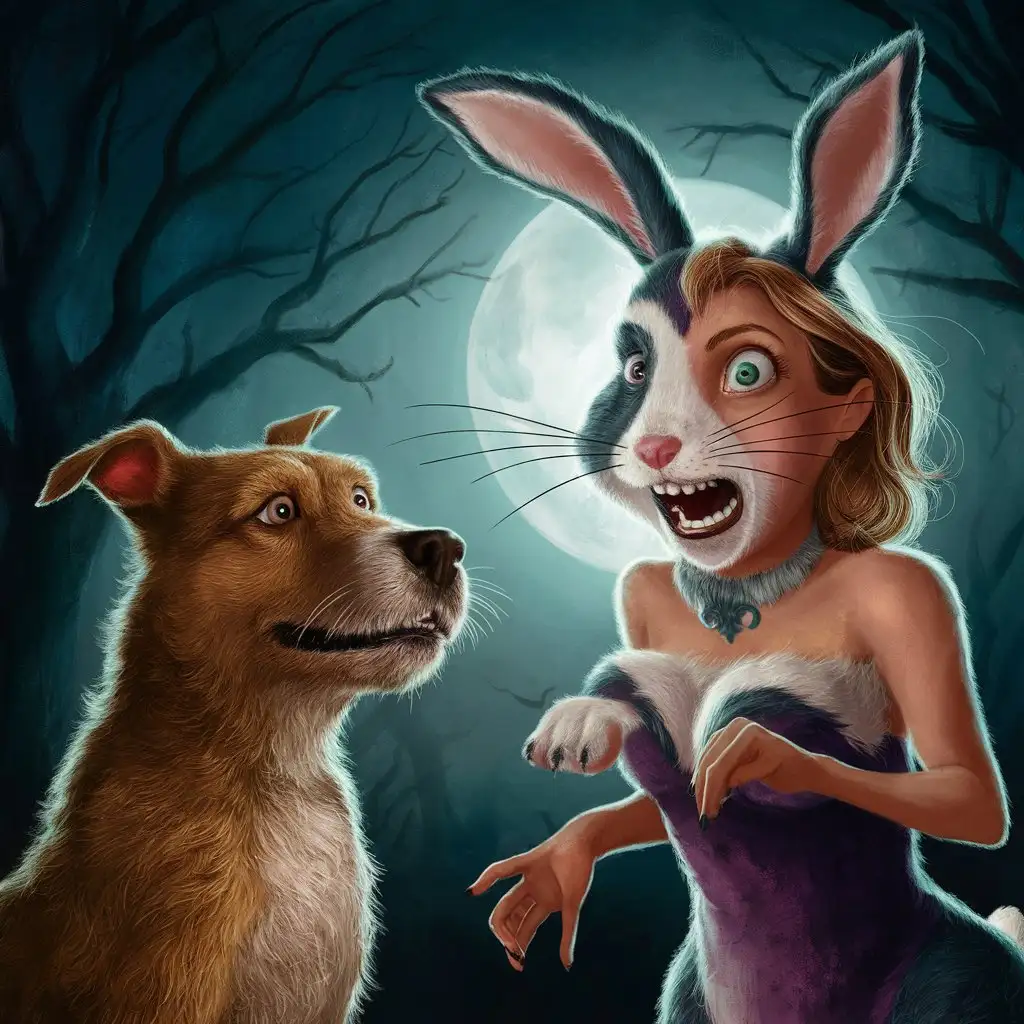 Terrified Dog Witnessing Woman Transforming into Rabbit with Human Features