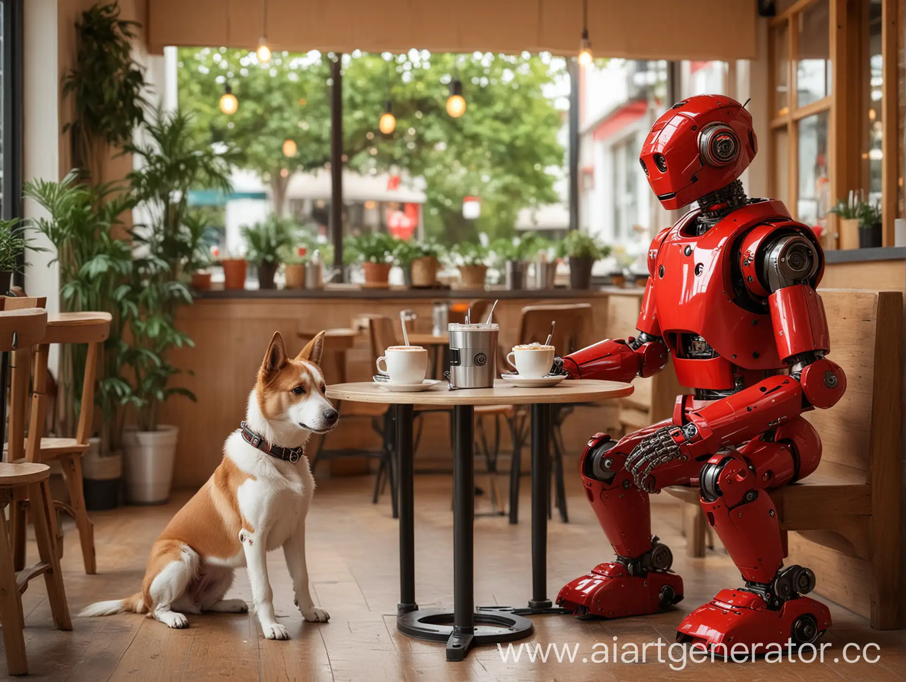 Красный робот сидит с собакой-роботом в красивом кафе