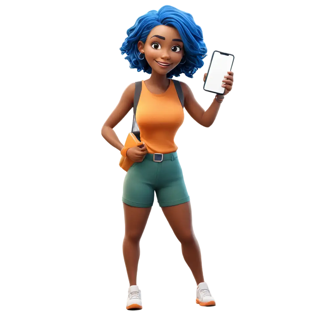 Stylish-Women-Cartoon-with-Blue-Hair-Holding-Phone-PNG-Image