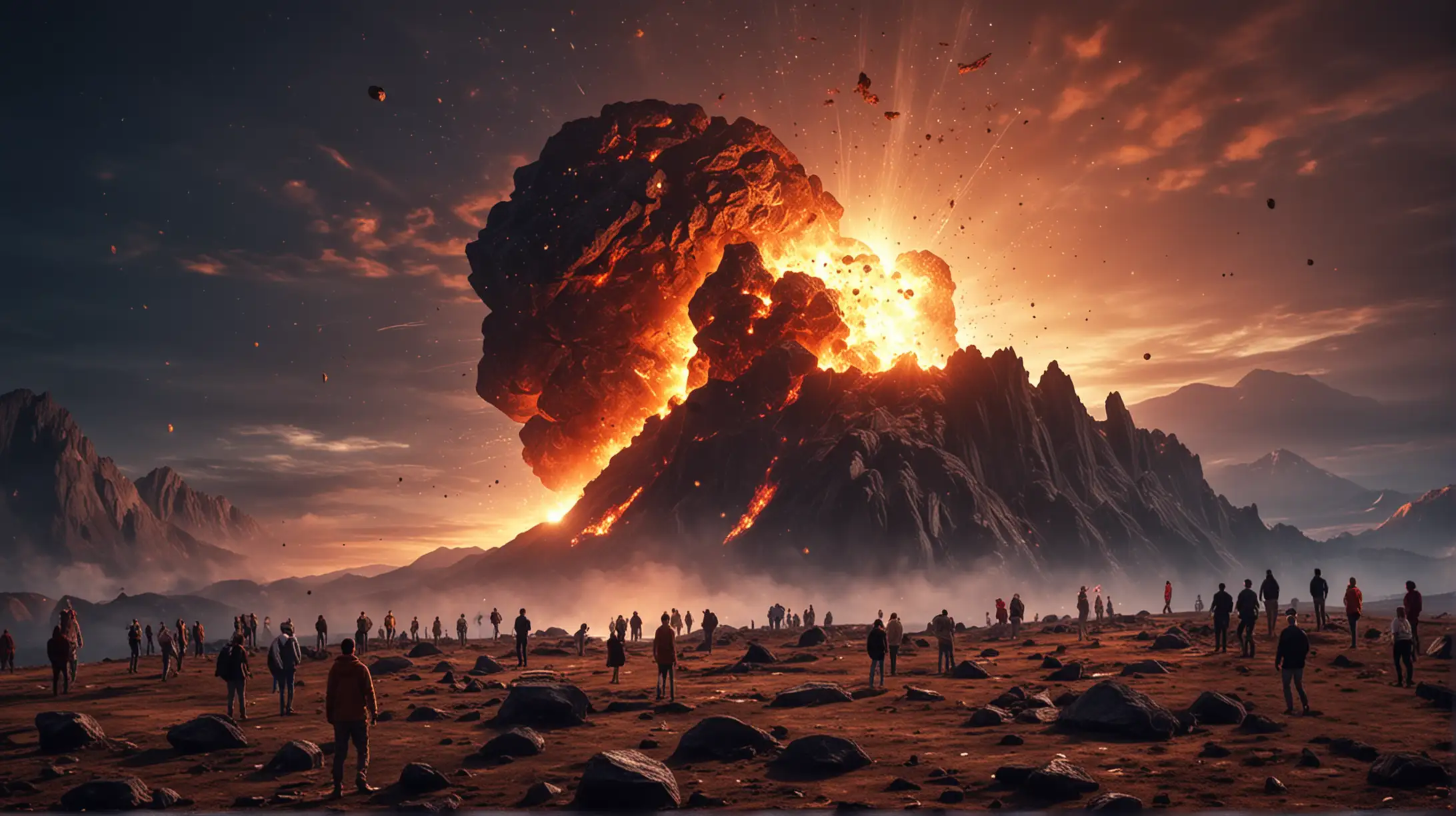 People standing on a mountain and see a huge meteorite hit the earth . Fire explosion apocalypse background