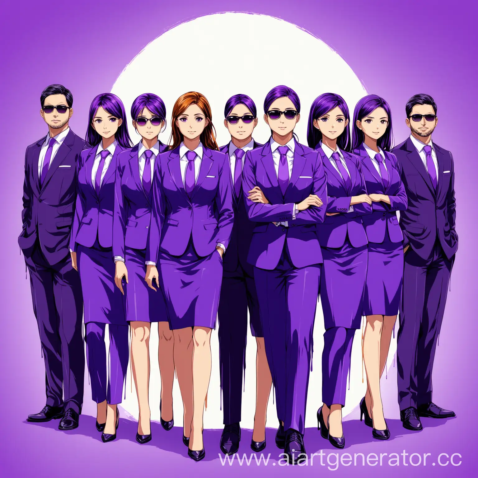 Нарисованный красками яркий и эмоциональный постер с приглашением на внутреннюю конференцию в сфере управления персоналом. Текст не нужен. На постере изображены 3 мужчины и 4 женщины в деловых офисных костюмах. Используй фиолетовые оттенки.