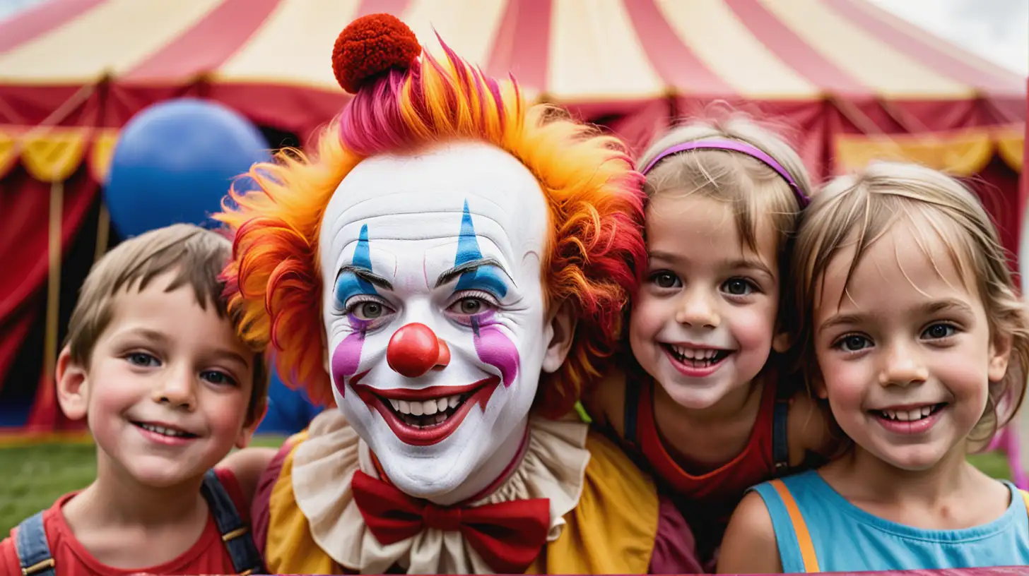 Smiling Clown with Children at Circus Tent