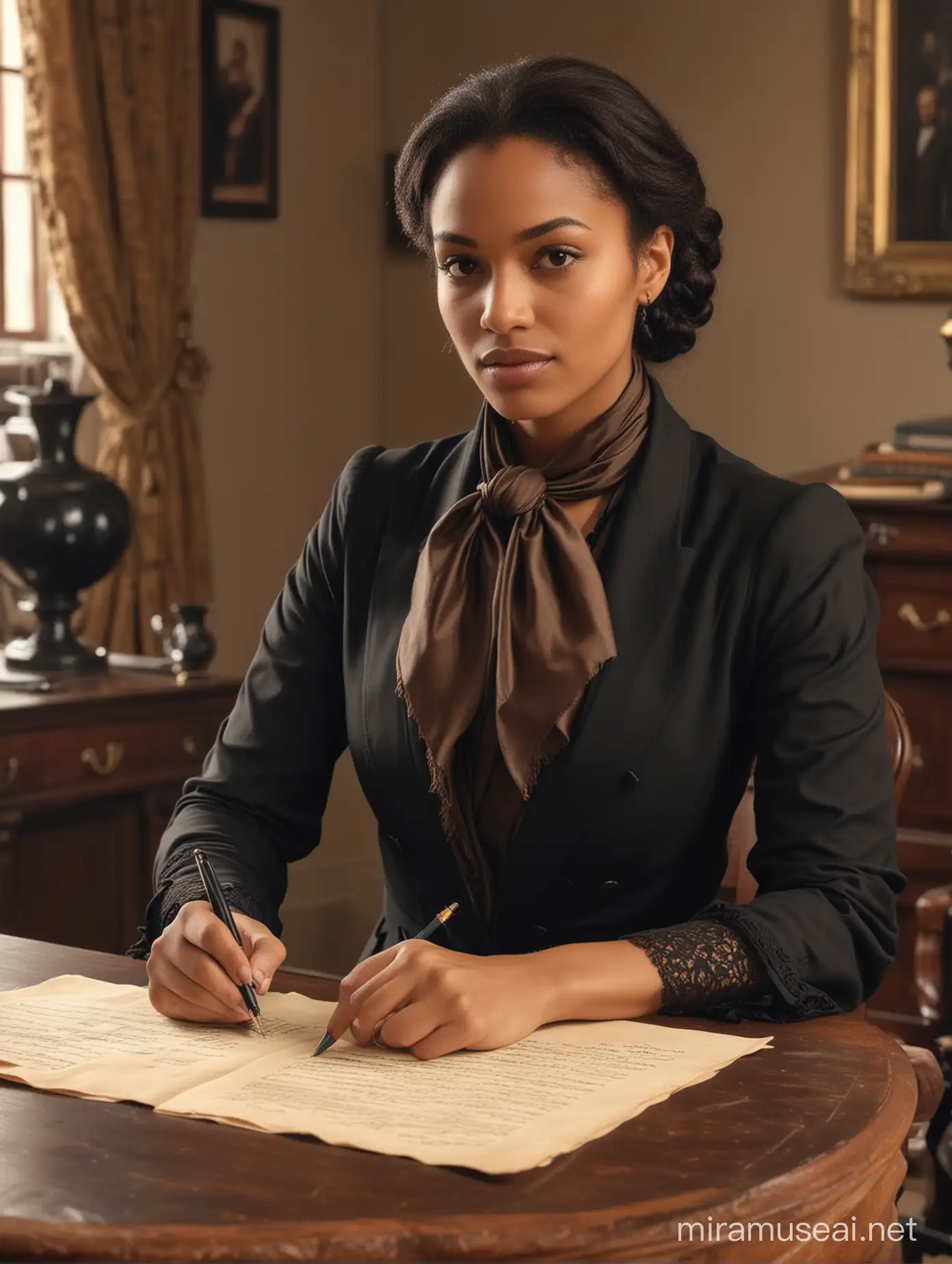 Elegant Caribbean Woman Writing Letter in Renaissancestyle Office