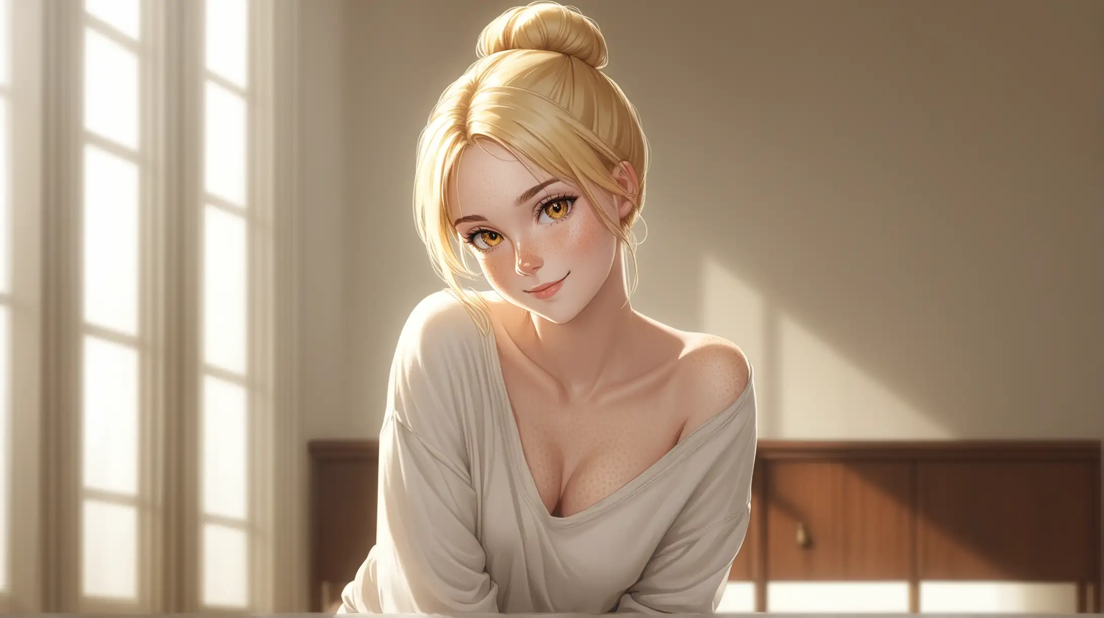 Draw a young woman, long blonde hair in a bun, gold eyes, freckles, perky figure,
relaxed outfit, high quality, long shot, indoors, seductive pose, natural lighting, smiling at the viewer