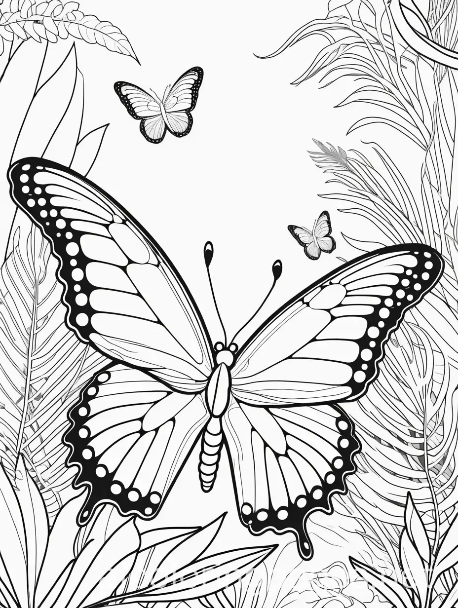  cute butterfly in a jungle

, Coloring Page, black and white, line art, white background, Simplicity, Ample White Space. The background of the coloring page is plain white to make it easy for young children to color within the lines. The outlines of all the subjects are easy to distinguish, making it simple for kids to color without too much difficulty