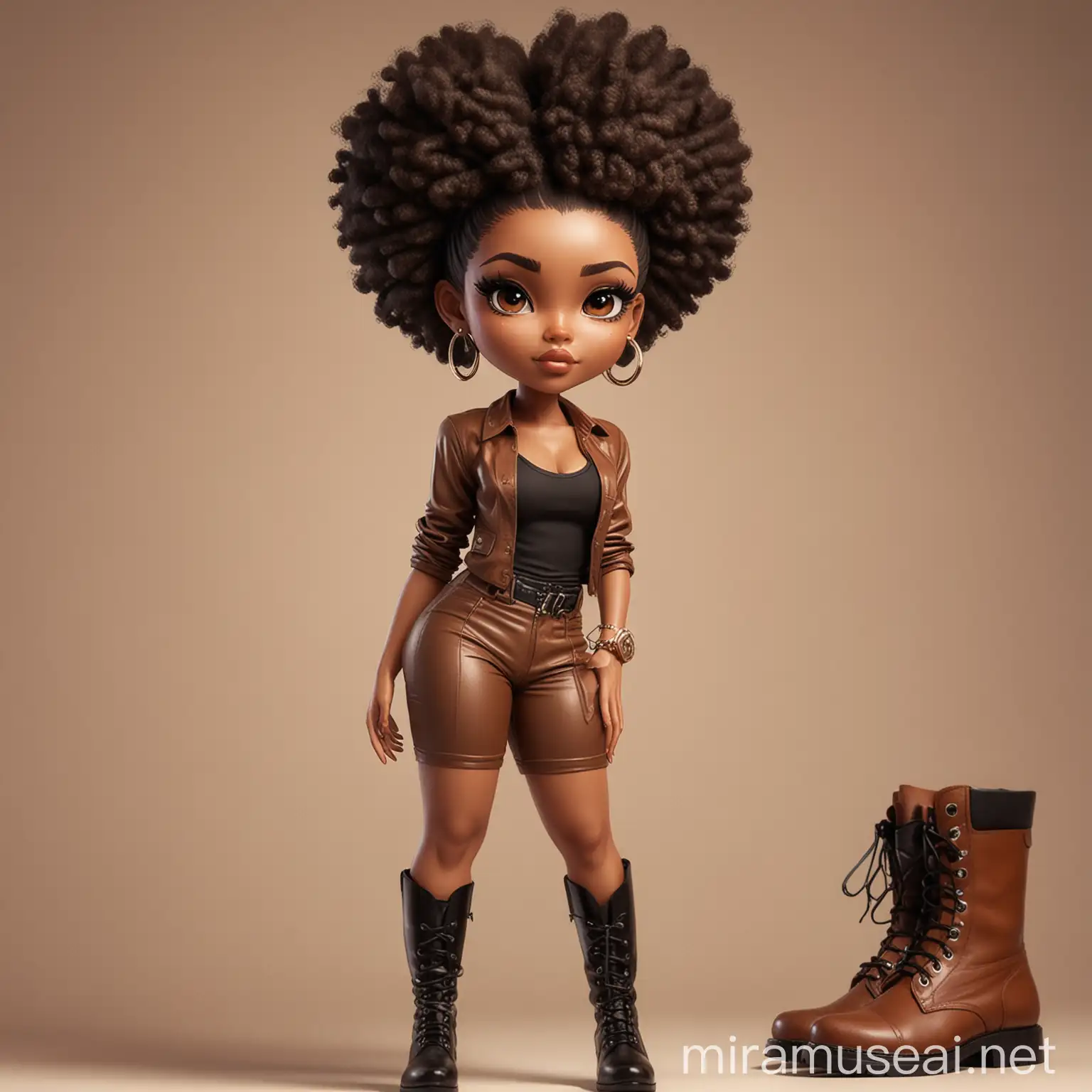Create a absract art style image chibi image of a black female woman with afro bun, black silky and brown eyes. boss babe, Long eye lashes, full length, dressed in luxury suit with tank top, boots, face close up