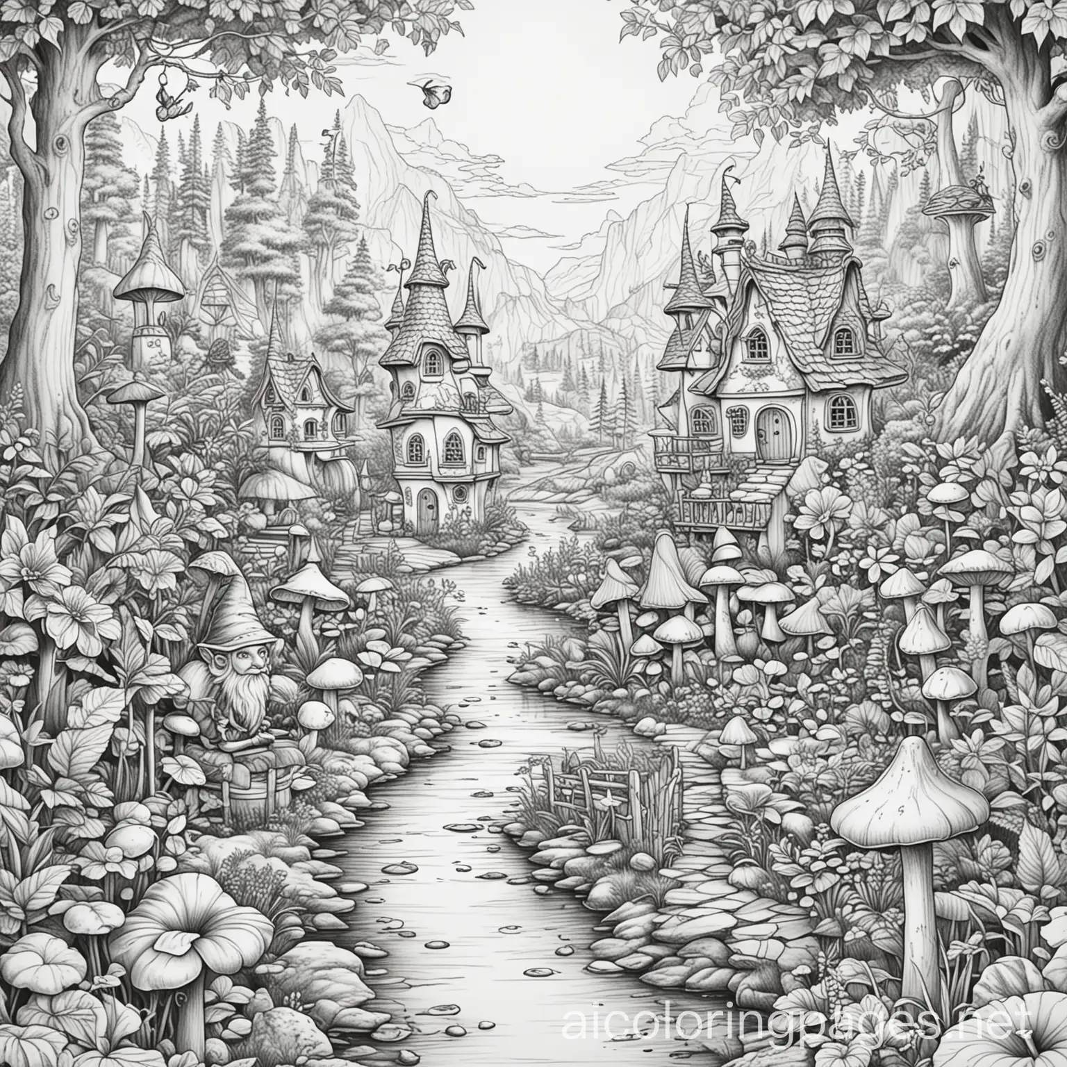 Fairies and Gnomes in a whimsical land realistic but not too detailed, Coloring Page, black and white, line art, white background, Simplicity, Ample White Space. The background of the coloring page is plain white to make it easy for young children to color within the lines. The outlines of all the subjects are easy to distinguish, making it simple for kids to color without too much difficulty