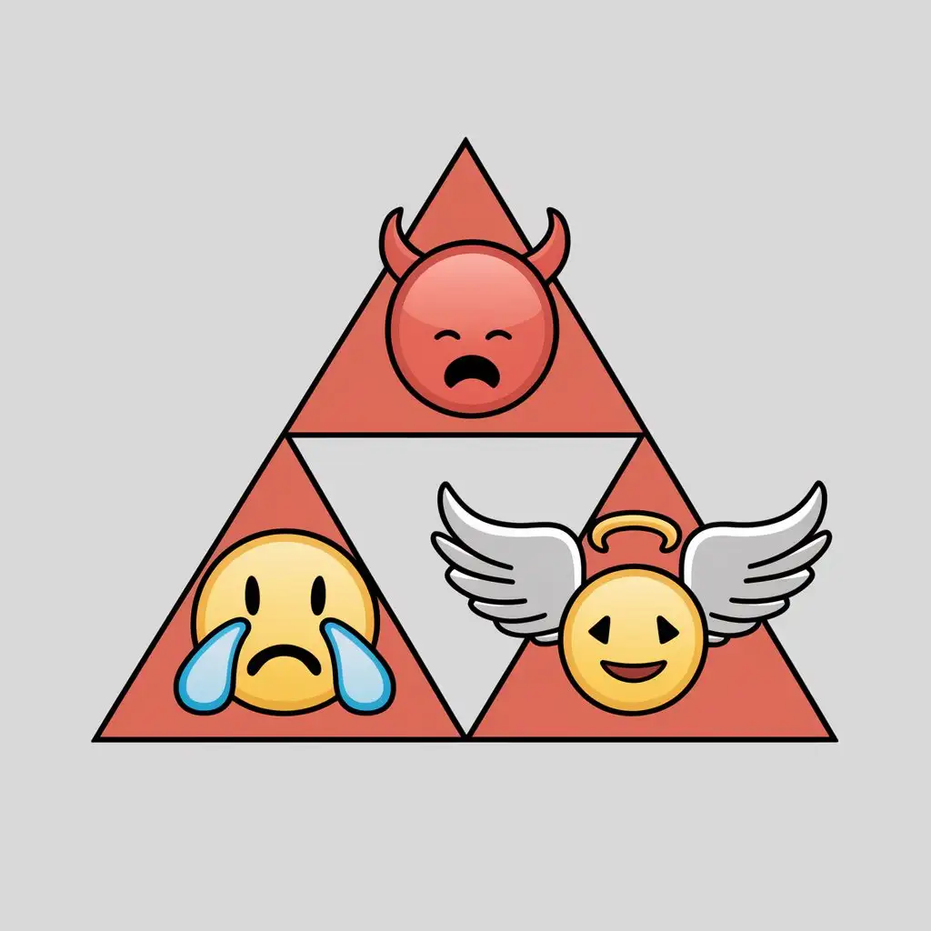 Draw a diagram of a triangle in which one angle will be "victim" with a sad emoji, the second angle "aggressor" with horns emoji, the third angle "rescuer" with angel wings emoji