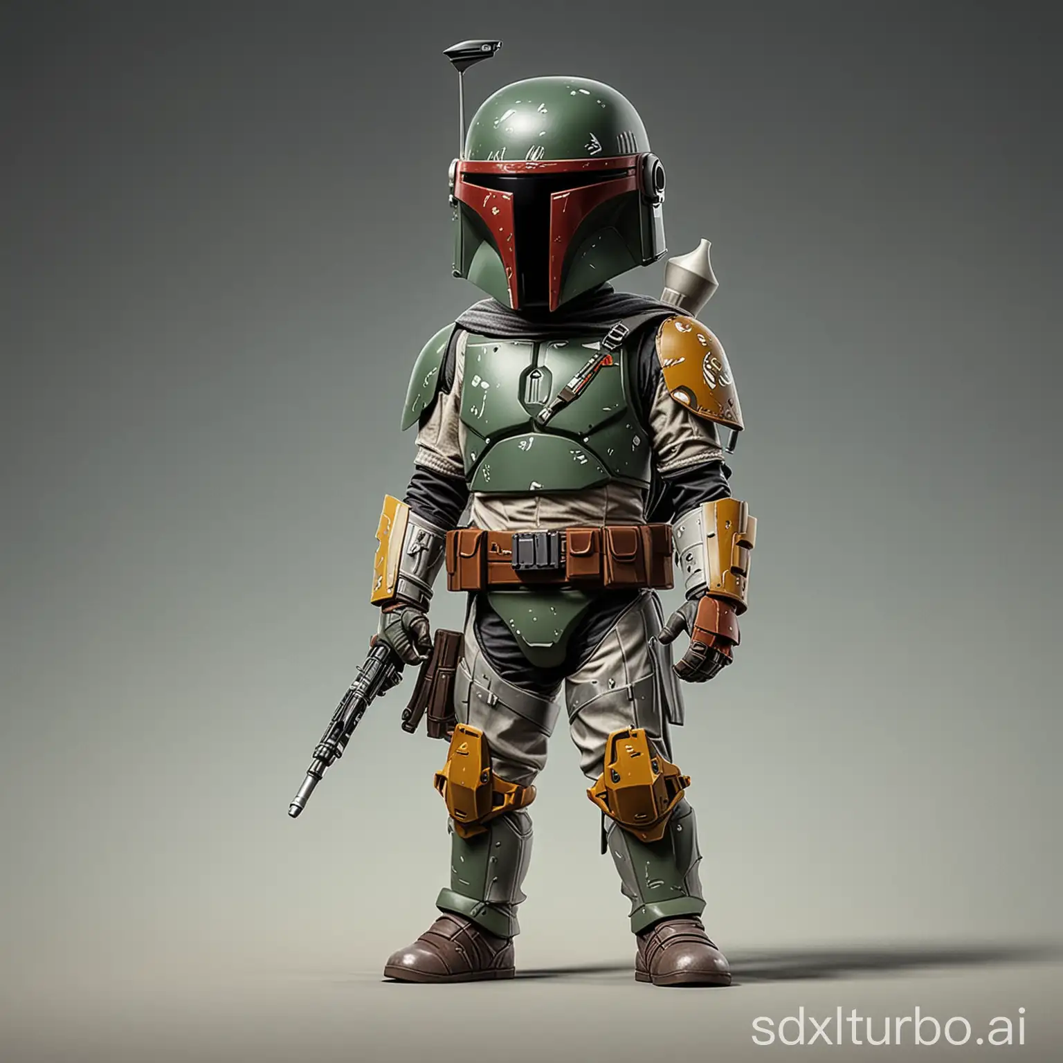 Little child boba fett, game character, stands at full height