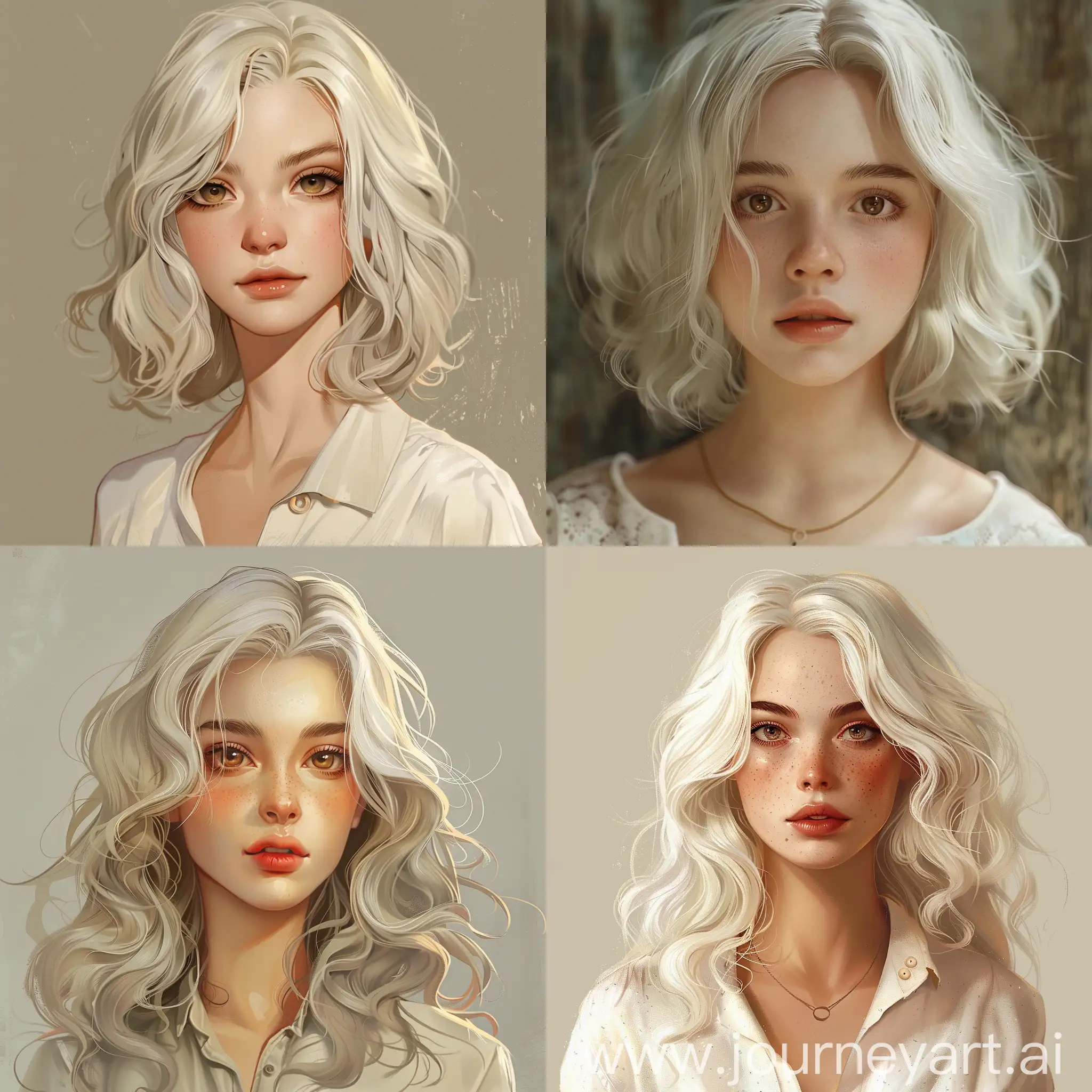 young adult woman, ivory colored wavy hair, pale skin, brown eyes, western stylized artstyle