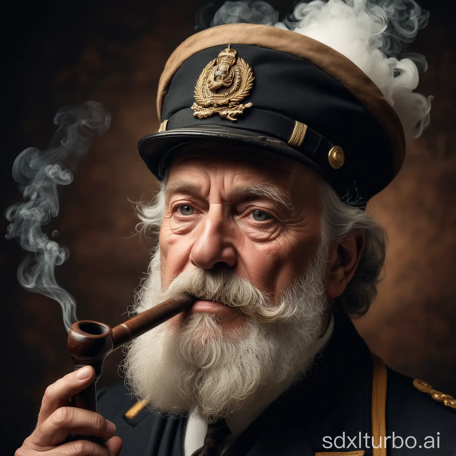 Foto superscharf. Porträt von einem alten Kapitän mit einer Pfeife im Mund und einer Kapitänsmütze. Er soll einen Vollbart haben, das Gesicht ist faltig. Aus der Tabackpfeife steigt Rauch auf.
