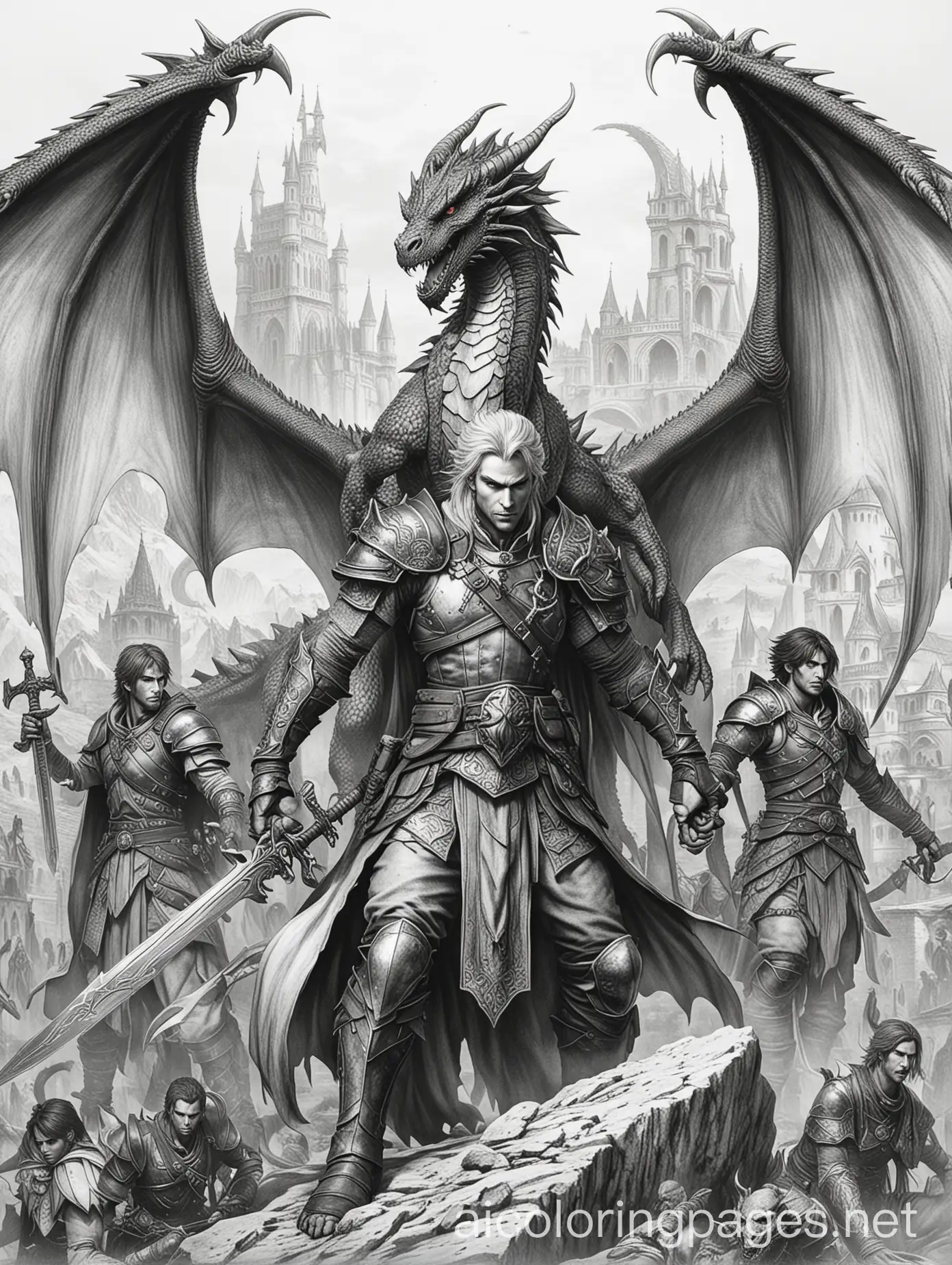 Dragons dogma 2, Coloring Page, black and white, line art, white background, Simplicity, Ample White Space. The background of the coloring page is plain white to make it easy for young children to color within the lines. The outlines of all the subjects are easy to distinguish, making it simple for kids to color without too much difficulty
