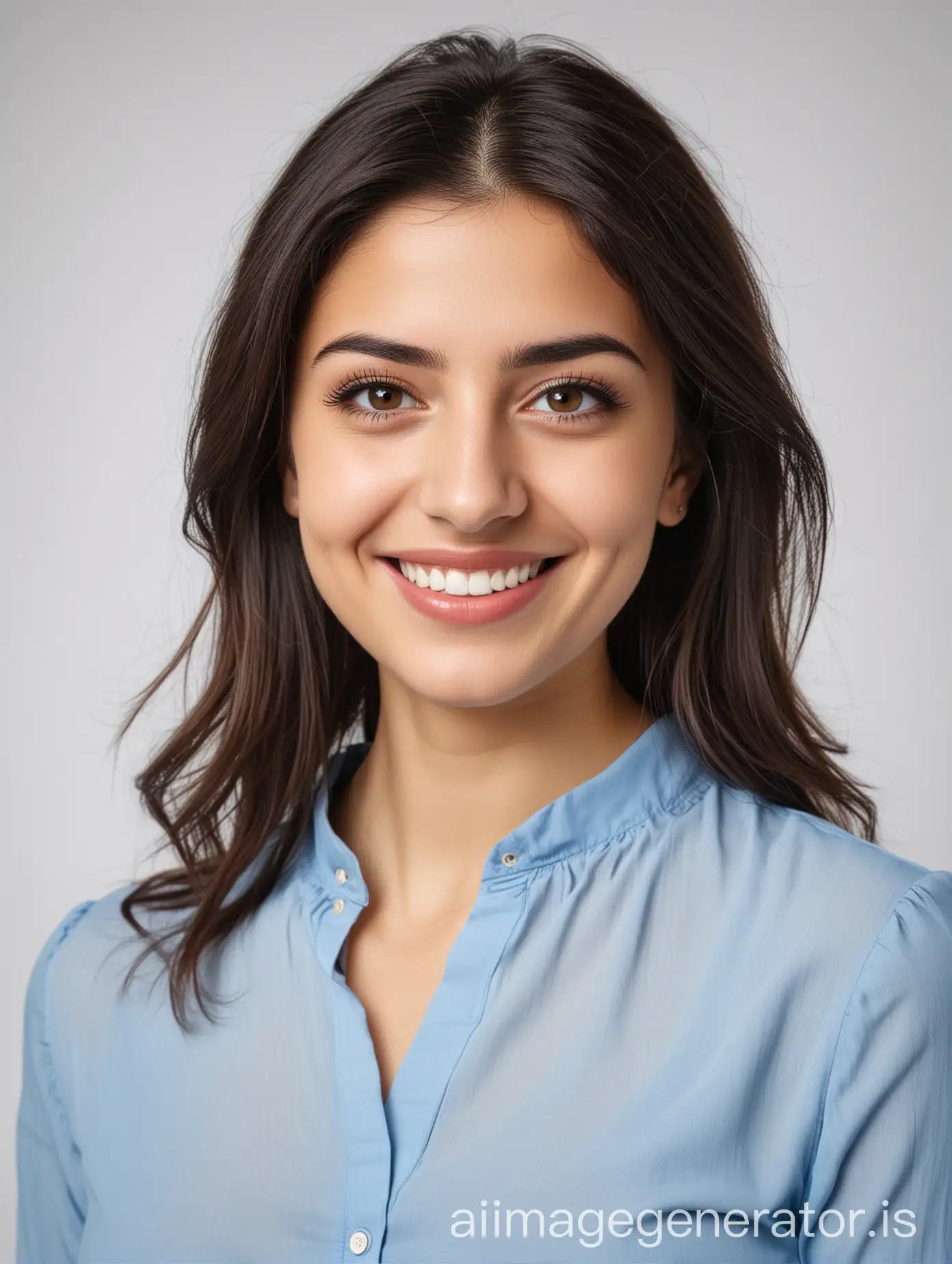 A young pretty Armenian woman in a blue blouse smiling on white background, straight posture.