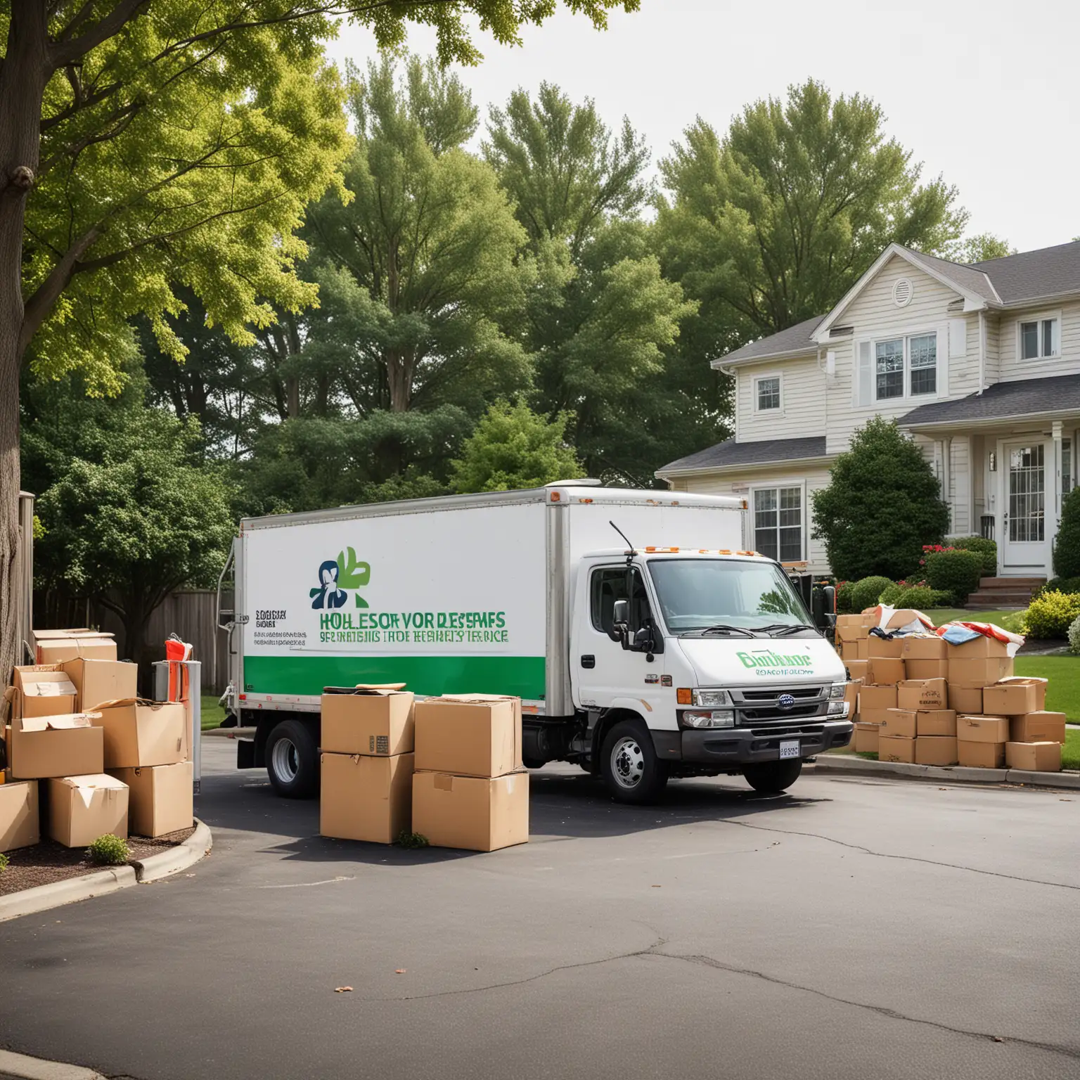 Create a high-quality photograph depicting a residential junk removal scene. The image should feature a team of two professionals in branded uniforms actively removing a variety of household items such as outdated furniture, appliances, and boxes from a suburban home. The setting is focused on the driveway of a typical American home with an open garage showing more items ready for removal. Emphasize the professionalism and efficiency of the service with a clear, sunny day enhancing the vibrant and active atmosphere. Ensure the junk removal truck is visible with the company logo clearly displayed. Use a DSLR camera perspective with a 24mm lens to capture a wide yet detailed view of the entire scene.