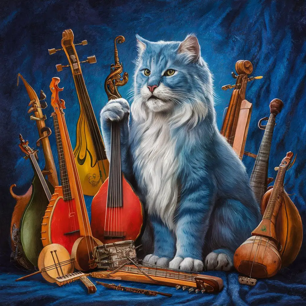 Majestic blue feline, aged, surronded by music instruments