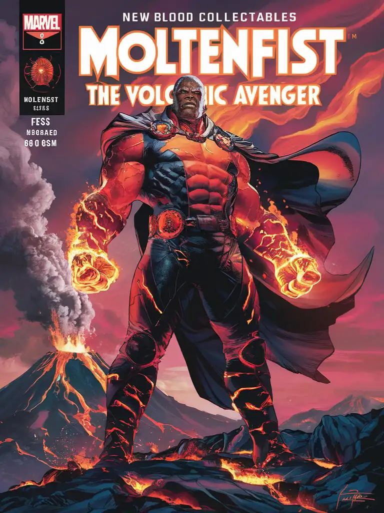  "Design an 8K #1 comic book cover for 'New Blood Collectables' featuring 'Moltenfist, the Volcanic Avenger.' Use FSC-certified uncoated matte paper, 80 lb (120 gsm), with a slightly textured surface. Moltenfist stands tall, his fists aglow with molten lava, as he gazes out upon a volcanic landscape..."

(The input is in English, so there is no need for translation.)