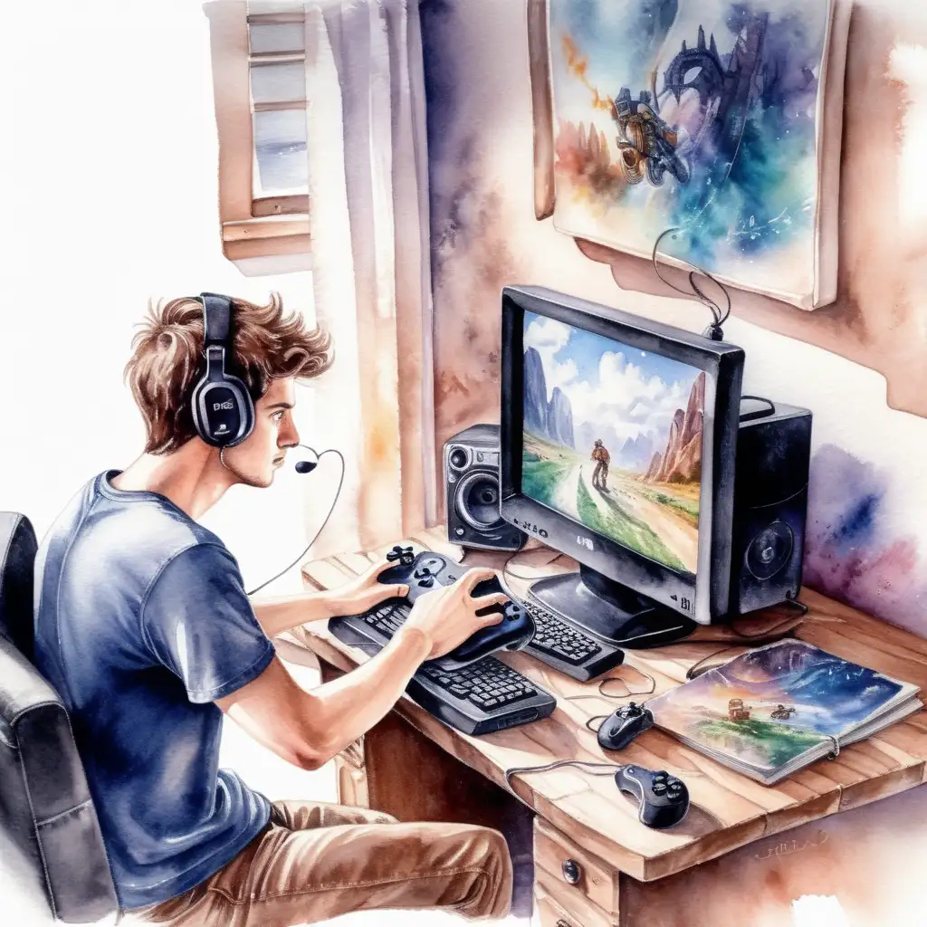 En kille dom spelar dataspel, ut ur datorn kommer spelfilmer, med vattenfärg 