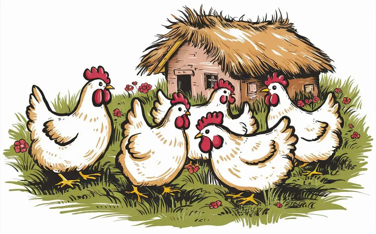 several hens painted in naif style, graphic illustration, hand-drawn