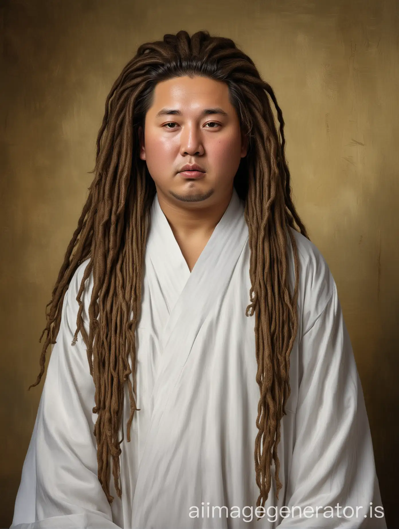 kim jong un face dreadlocks hair pose like painting monalisa wearing white robe