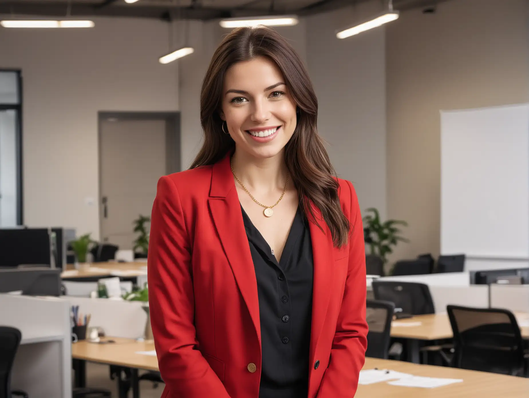 Smiling Businesswoman in Red Blazer Office Portrait