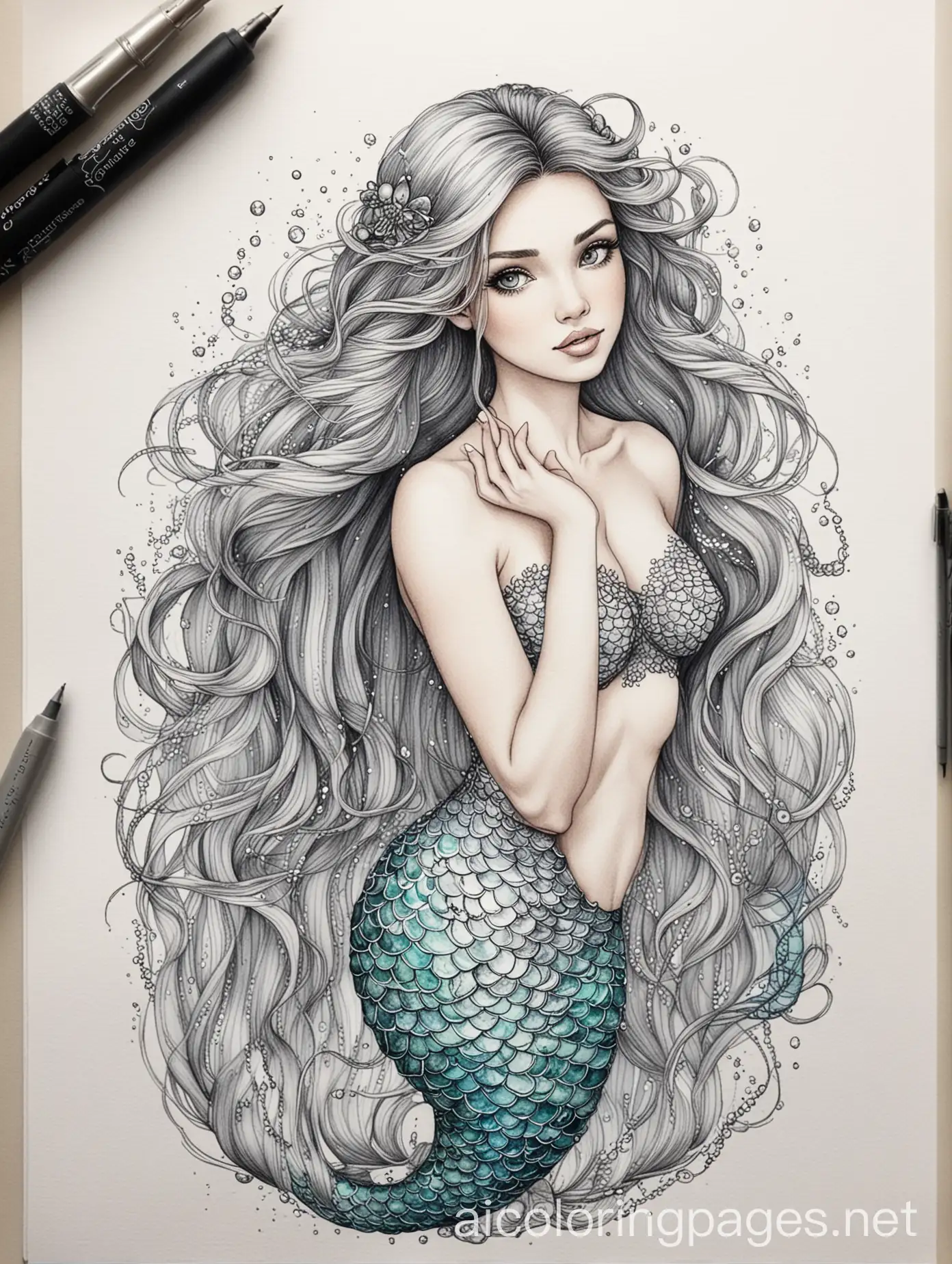 mermaid_pen_and_ink_and_watercolor_fine_art_masterpiec_, Coloring Page, black and white, line art, white background, Simplicity, Ample White Space