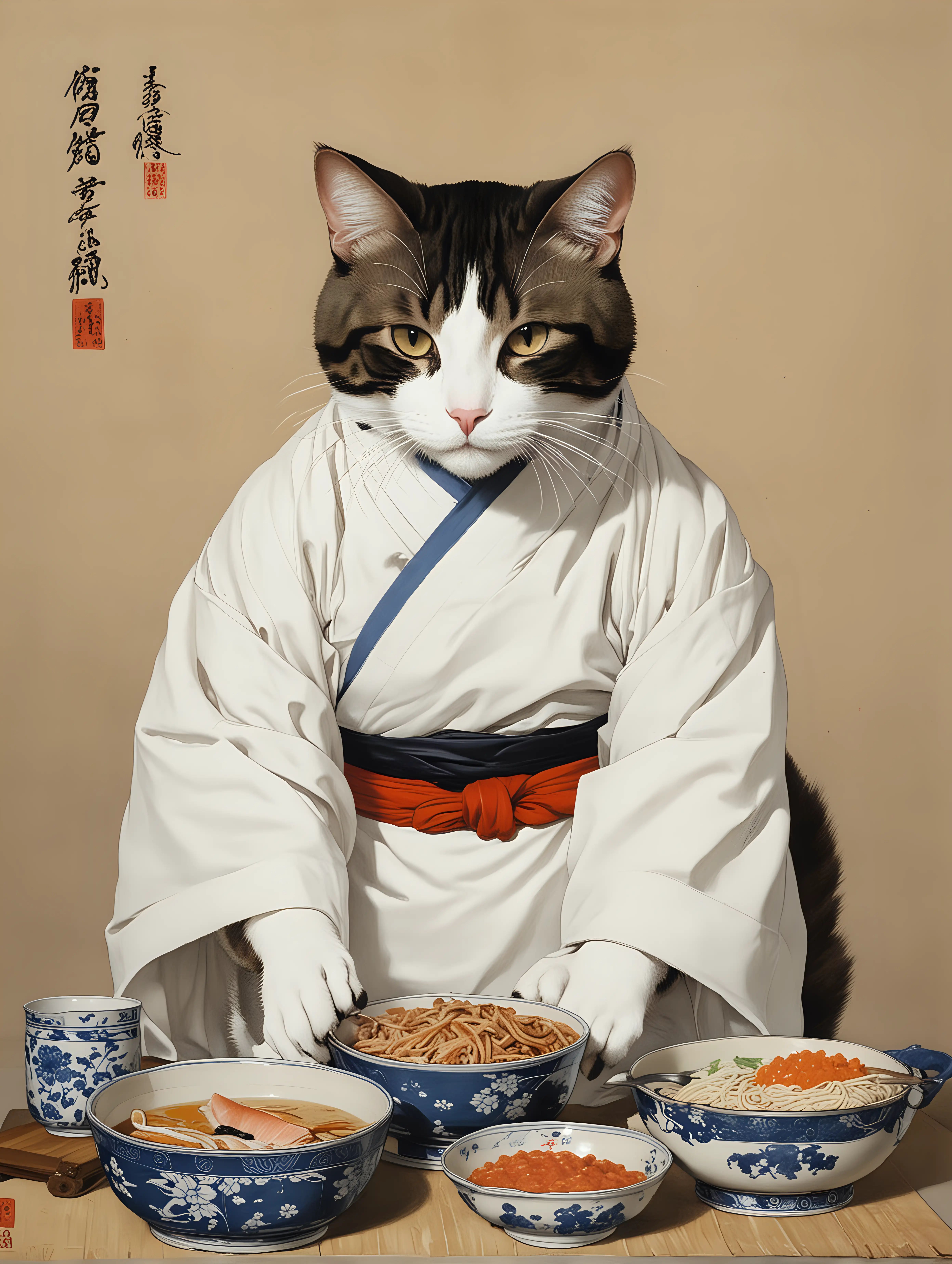 A painting by Kitagawa Utamaro of a domestic cat in a Japanese chef's uniform, preparing a traditional Japanese meal.