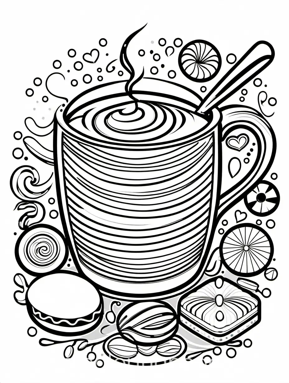 happy cup of coffee and lots of candy and chocolates around it, Coloring Page, black and white, line art, white background, Simplicity, Ample White Space. The background of the coloring page is plain white to make it easy for young children to color within the lines. The outlines of all the subjects are easy to distinguish, making it simple for kids to color without too much difficulty, Coloring Page, black and white, line art, white background, Simplicity, Ample White Space. The background of the coloring page is plain white to make it easy for young children to color within the lines. The outlines of all the subjects are easy to distinguish, making it simple for kids to color without too much difficulty