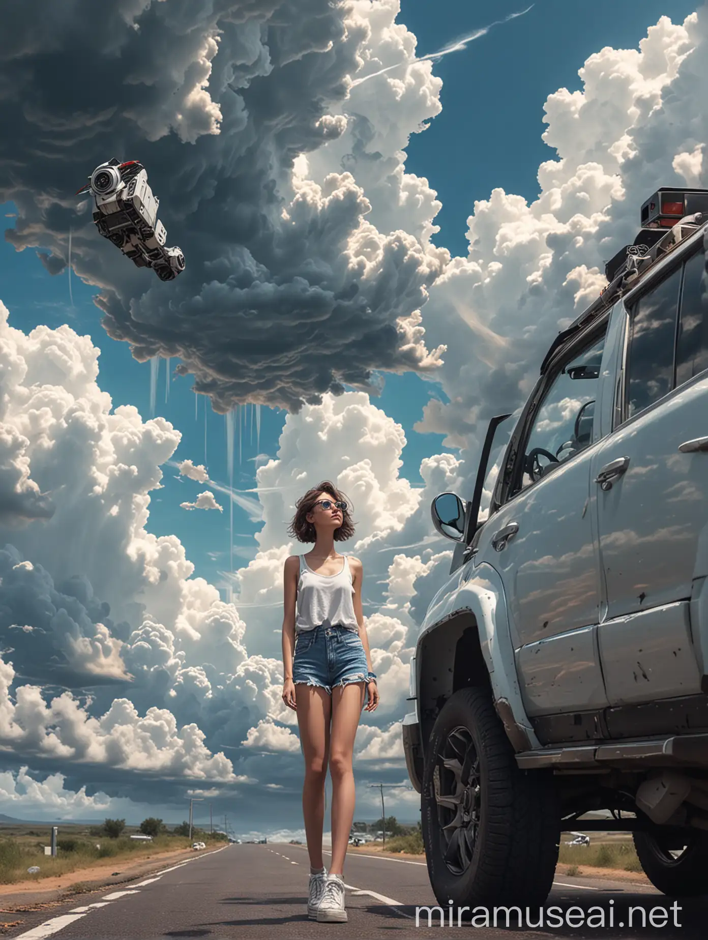 汽车停在在天空中的道路上，一个女孩衣着时尚，短裤，机器人弯着身子为这个酷酷的女孩打开车门，下面是耸入云霄的建筑