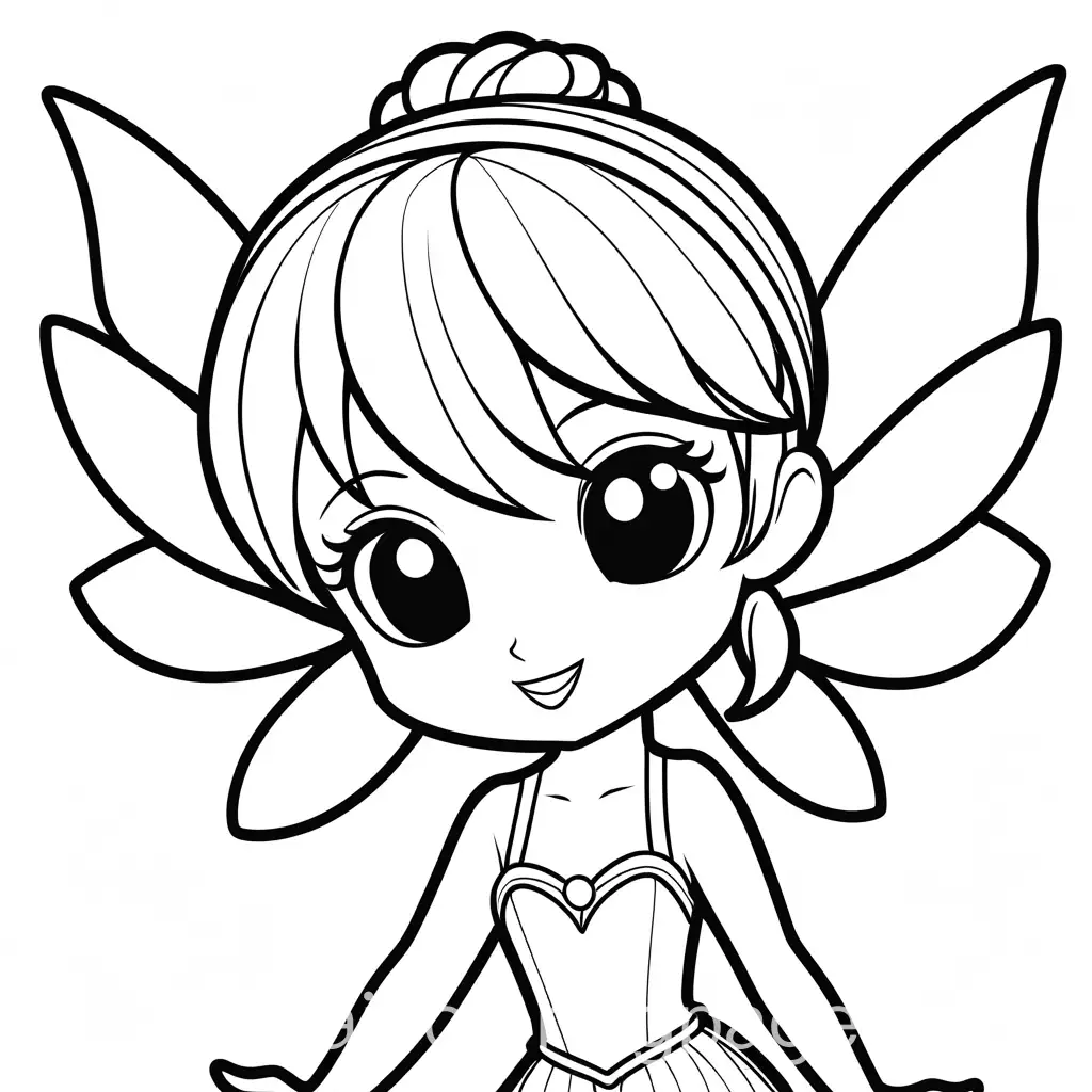 cute tinkerbell kawaii style, Coloring Page, black and white, line art, white background, Simplicity, Ample White Space